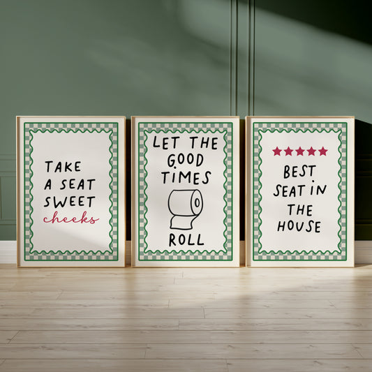 Set fo 3 bathroom prints with funny quotes, in sage green colour