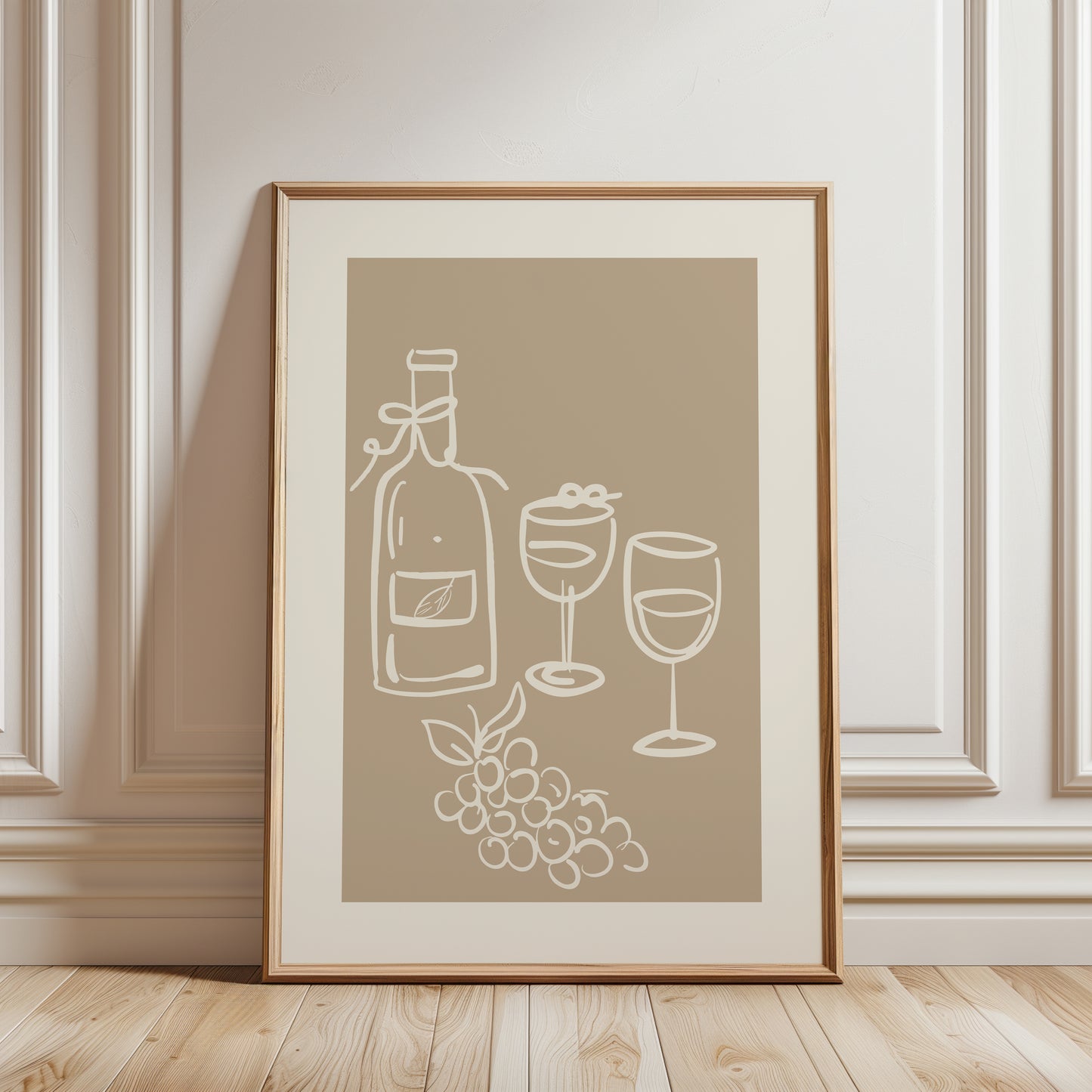Dining room print in beige with wine illustrations