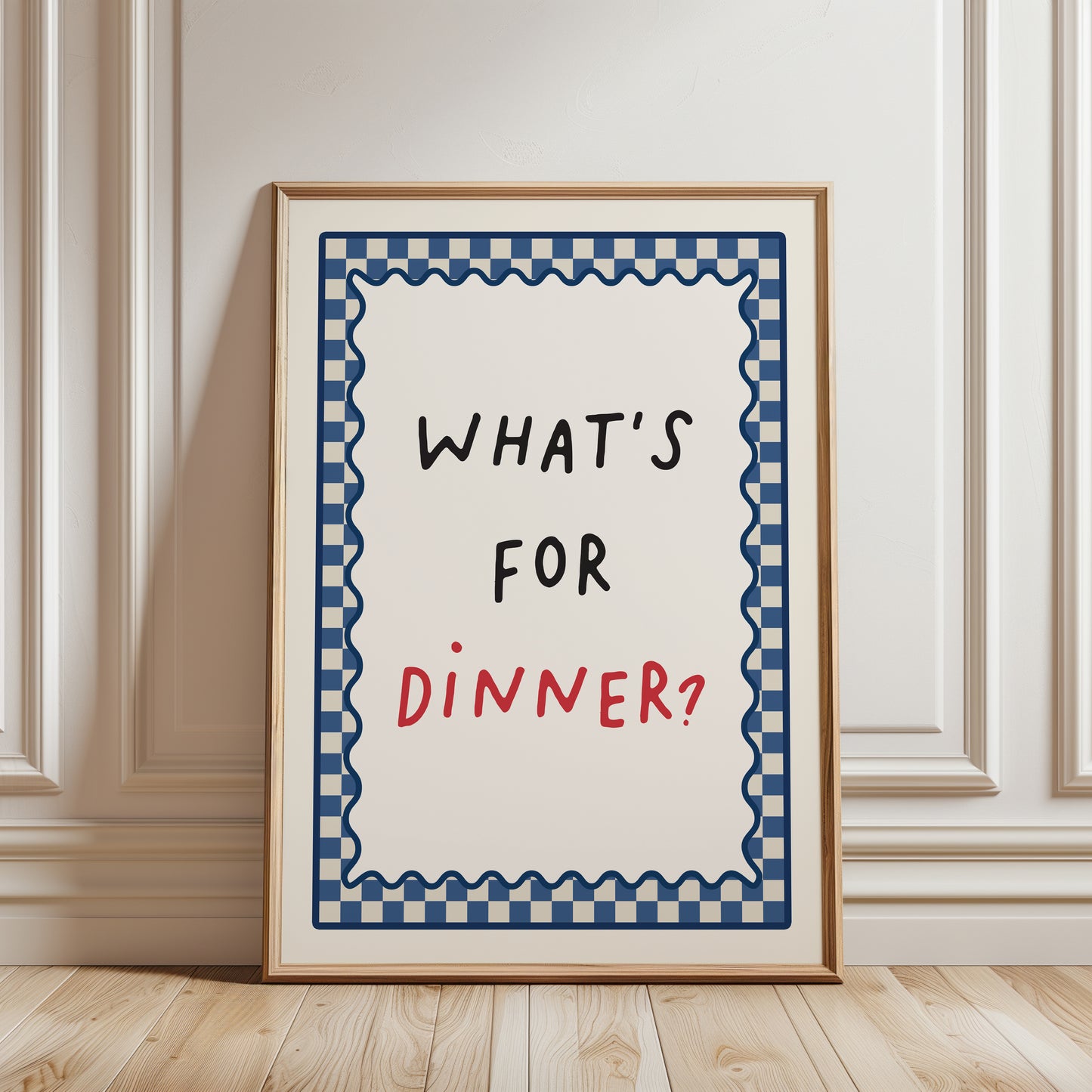 blue kitchen wall art print with typography reading "HATS FOR DINNER?"
