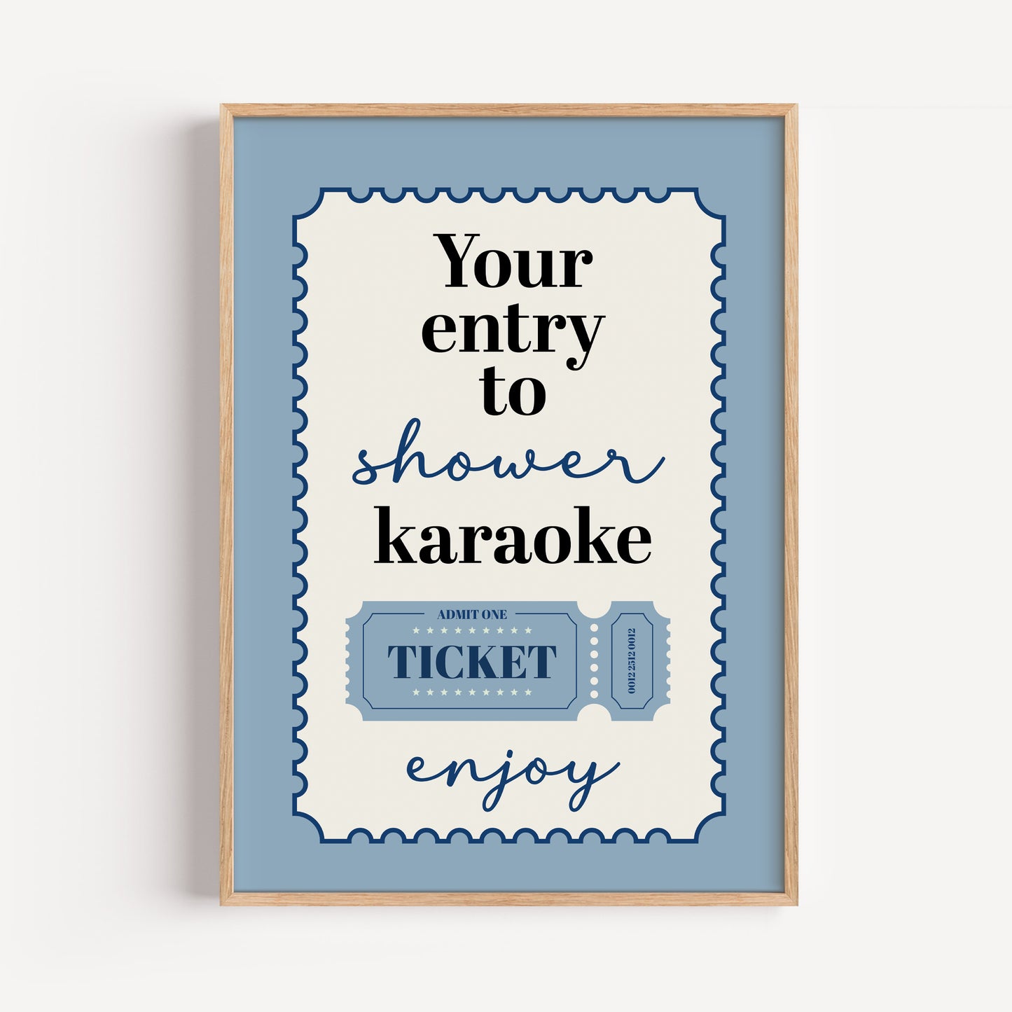 Blue bathroom print, shower karaoke