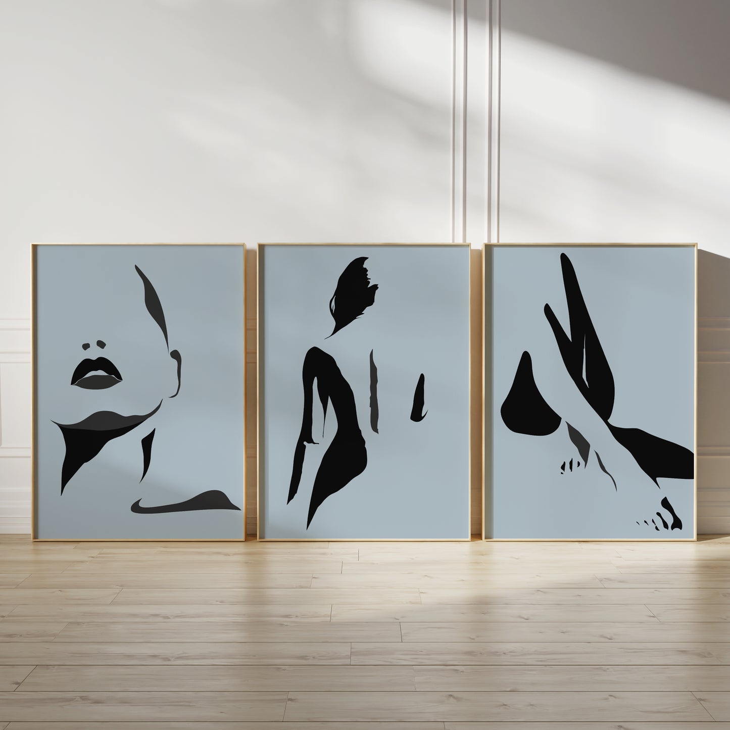 Set of 3 blue bedroom prints with abstract women