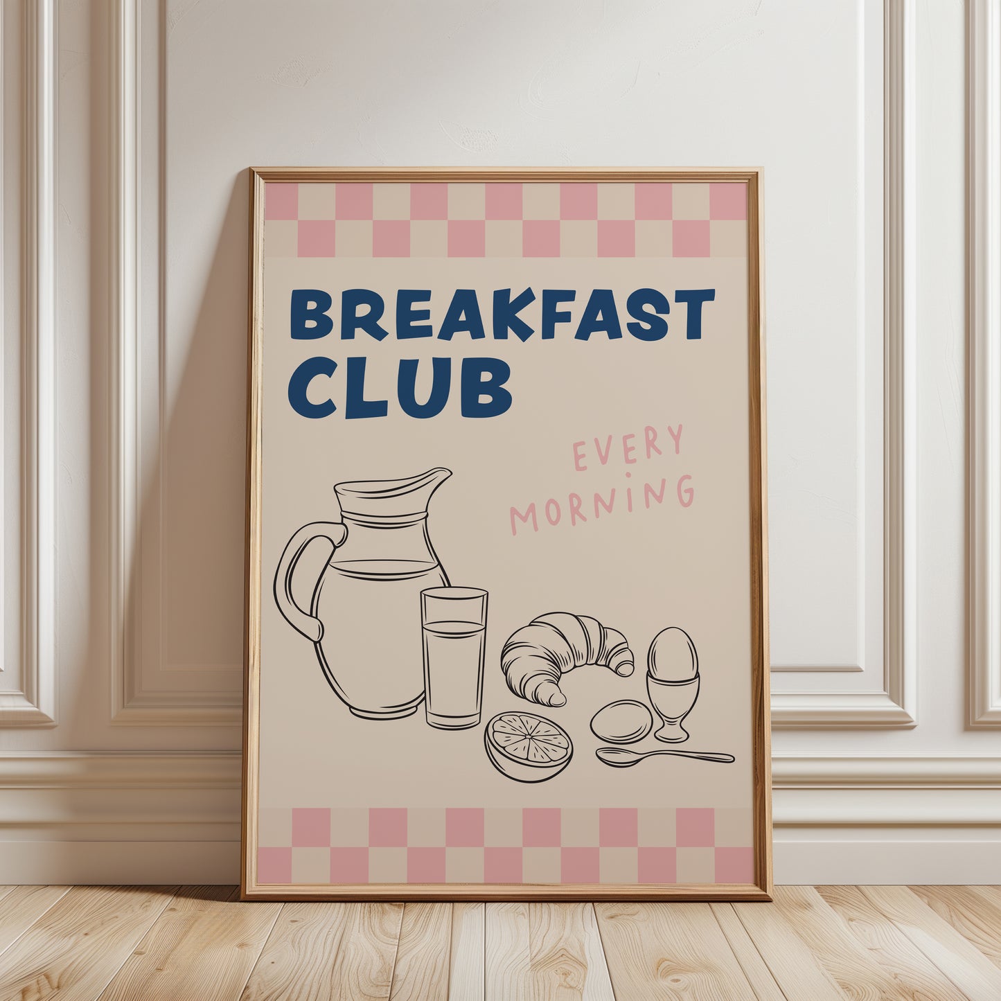 Blue & pink kitchen print, breakfast club wall art with chequered border