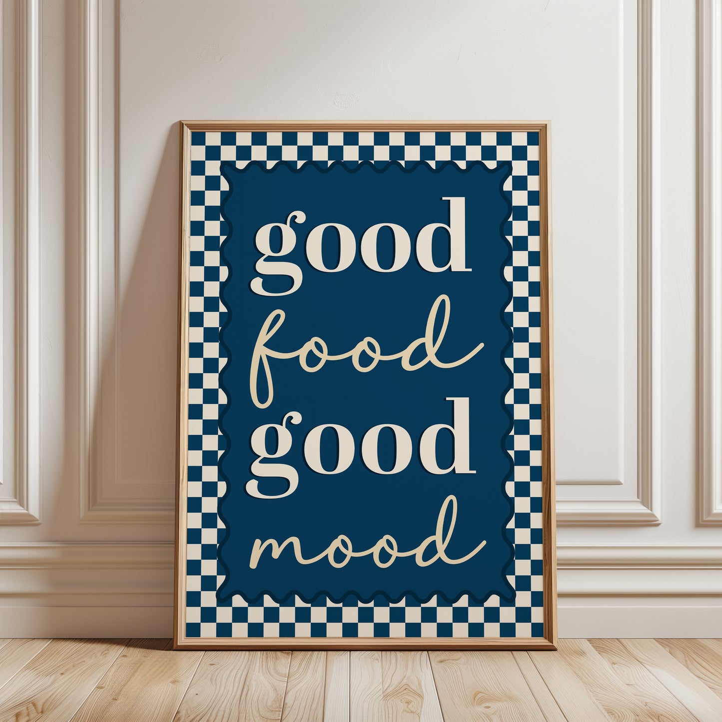 Blue chequered kitchen wall art print with quote "good food good mood"