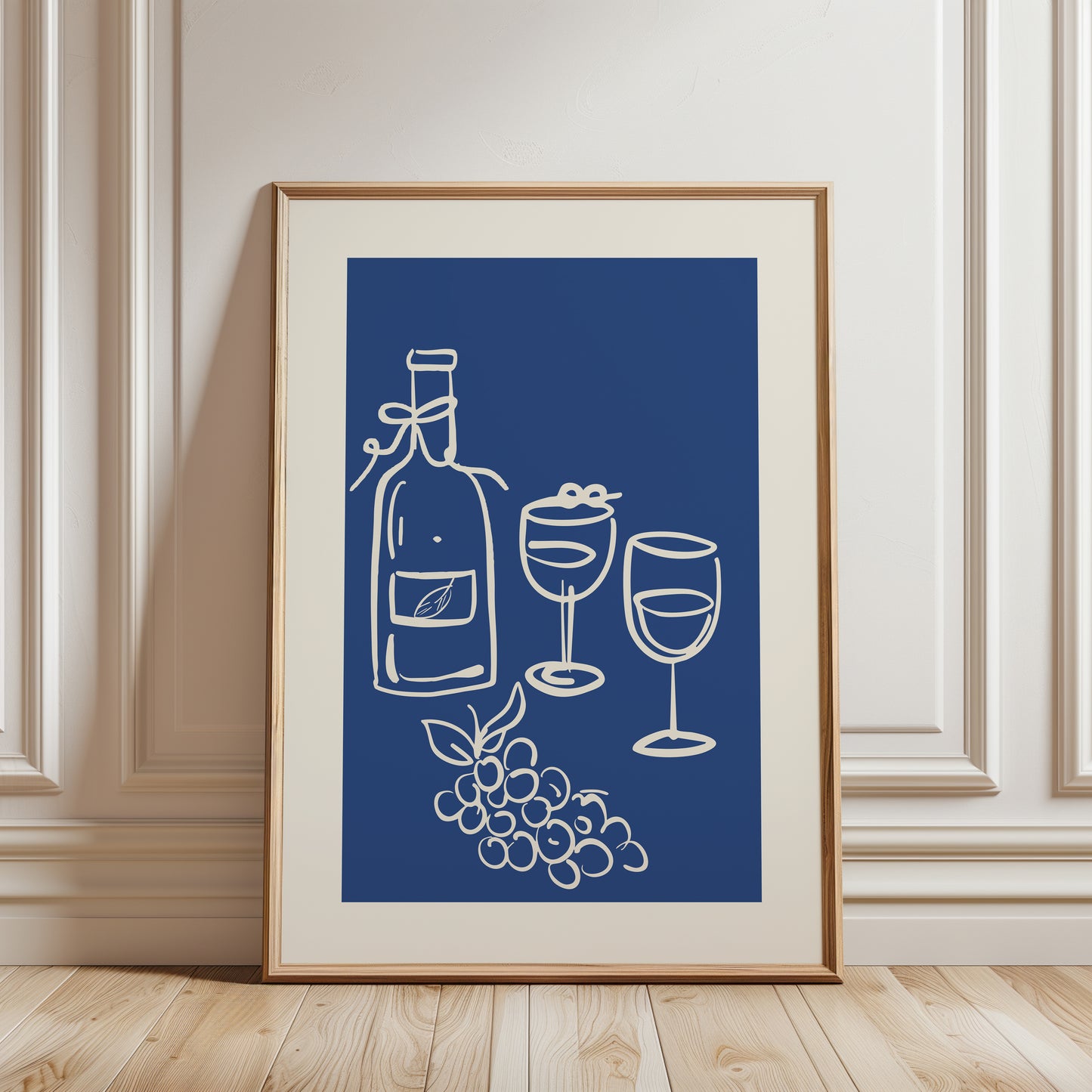 print with wine bottle, wine glasses and grape illustrations on a blue background