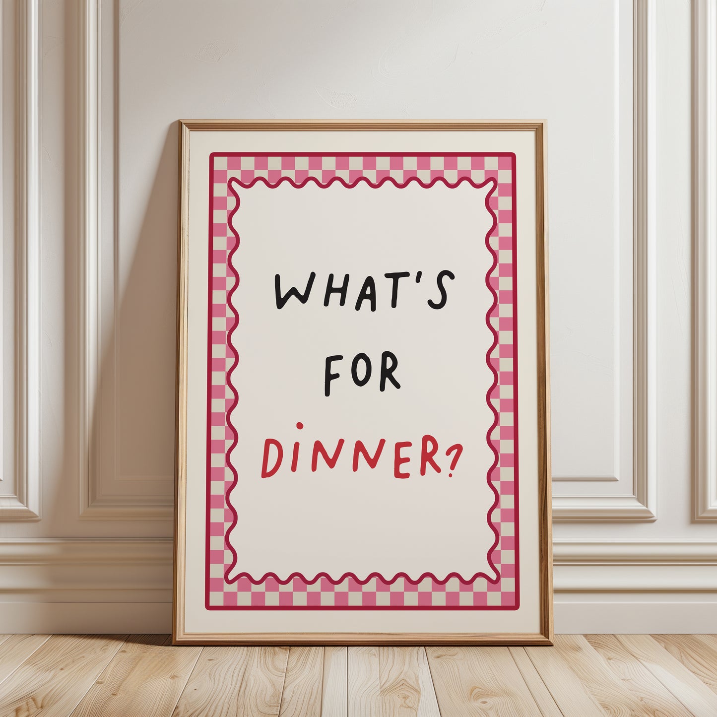 pink dining room wall art print with typography reading "HATS FOR DINNER?"