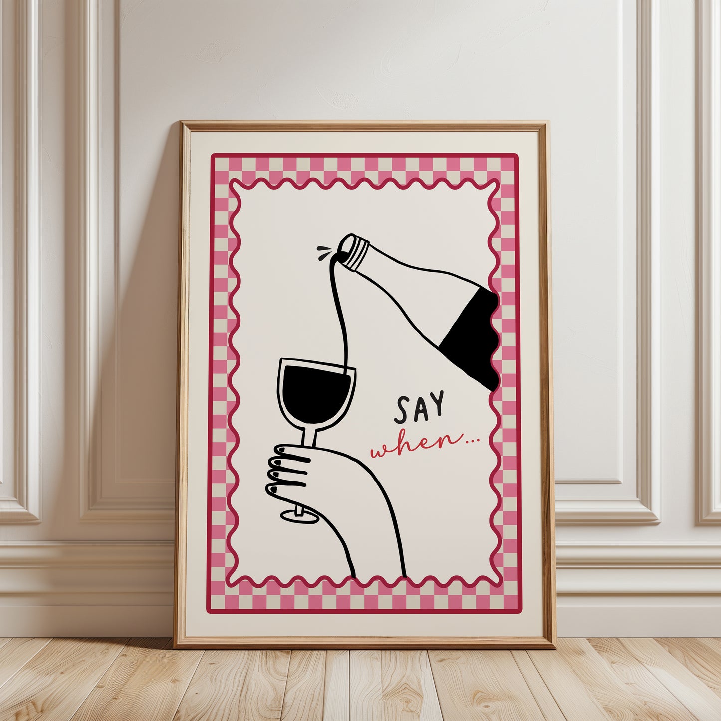 Funny Wine Kitchen Art Print, Bright Pink