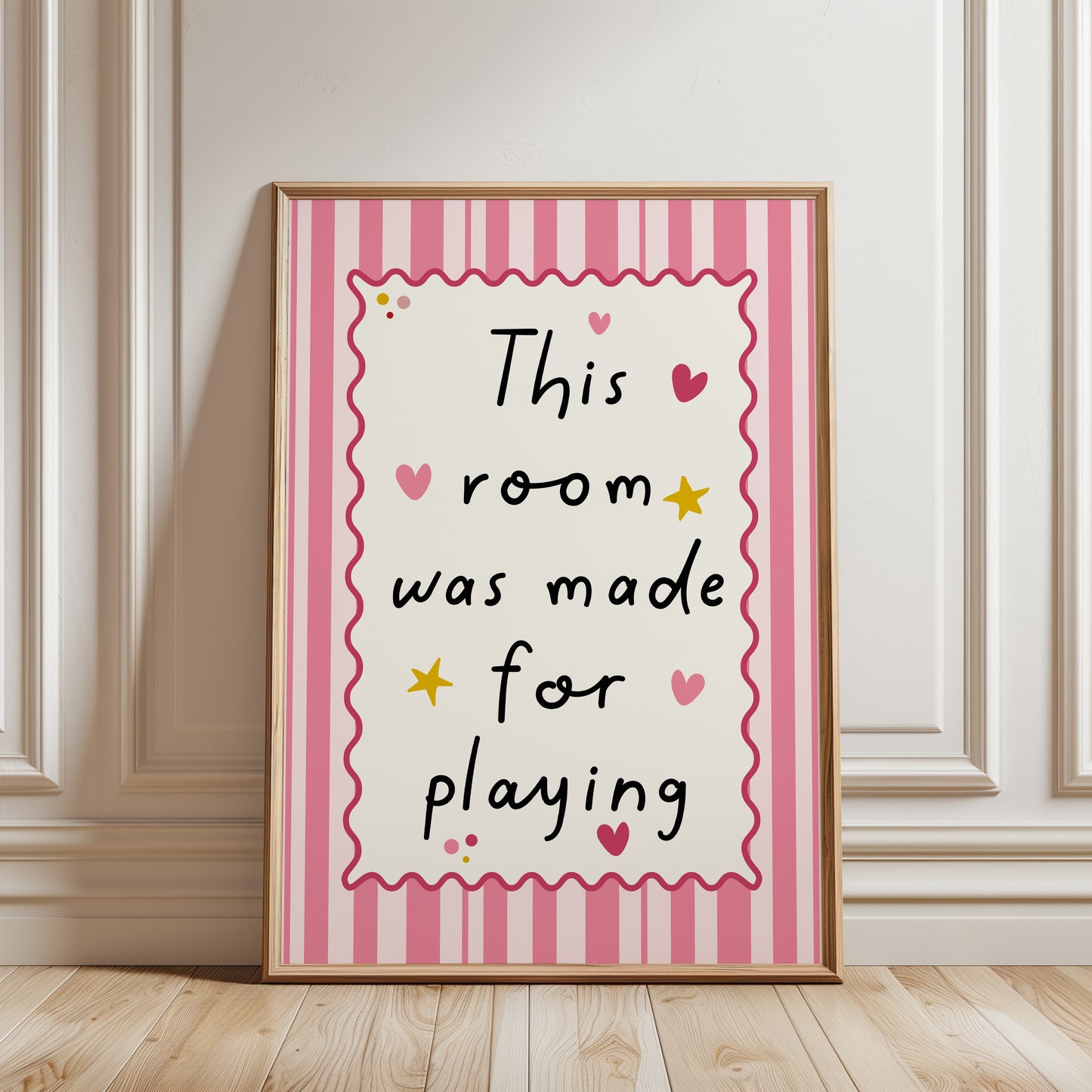 blush pink playroom print with quote, typography print with illustrations of love hearts and stars, on a striped backround