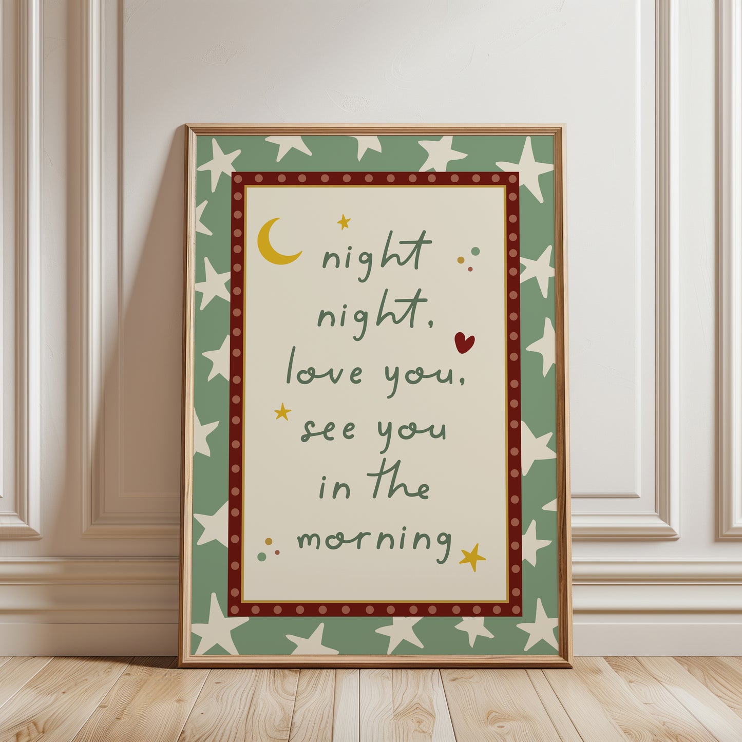 boys sage green nursery print with quote "night night love you see you in the morning"