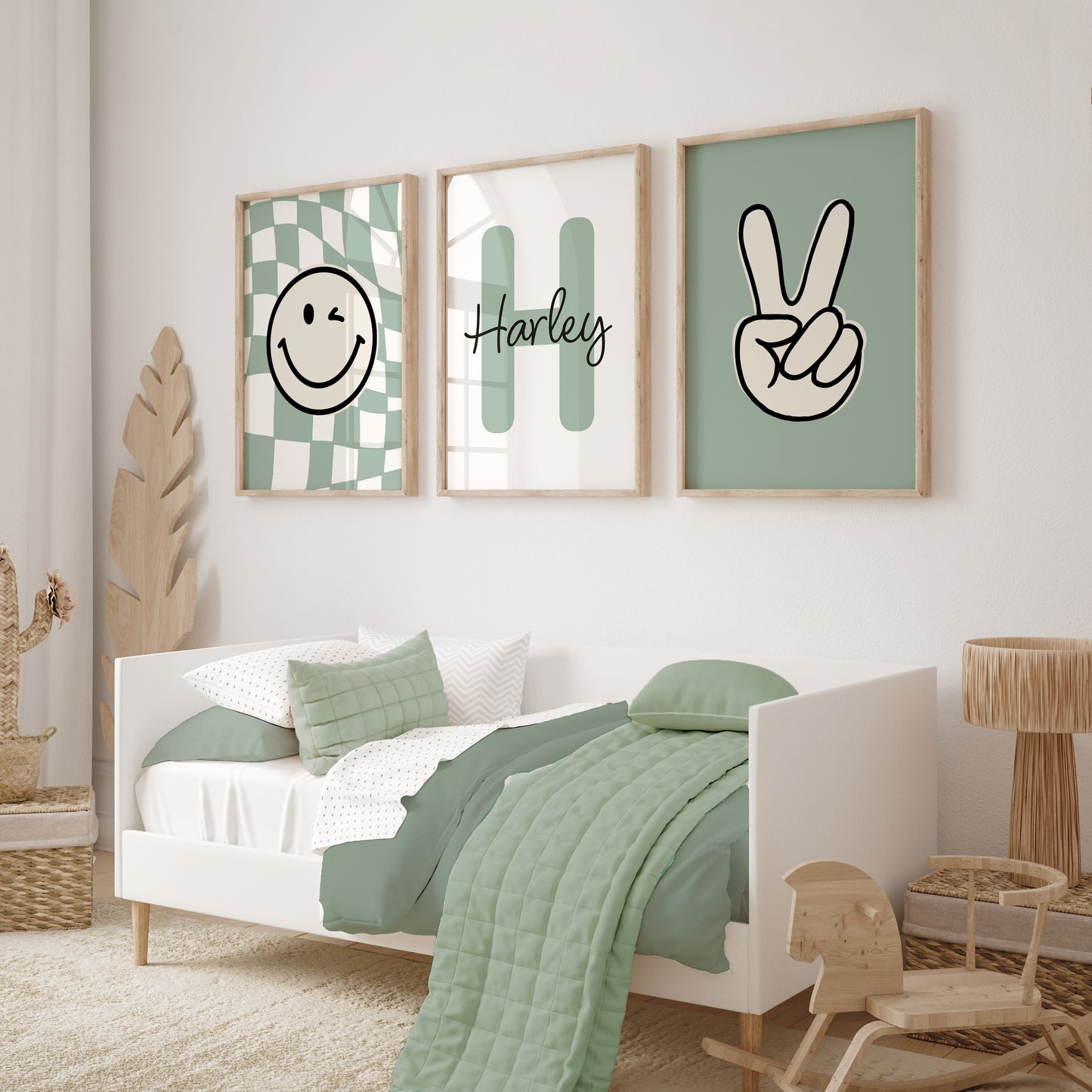 Set of 3 Boys Sage Green Personalised Prints