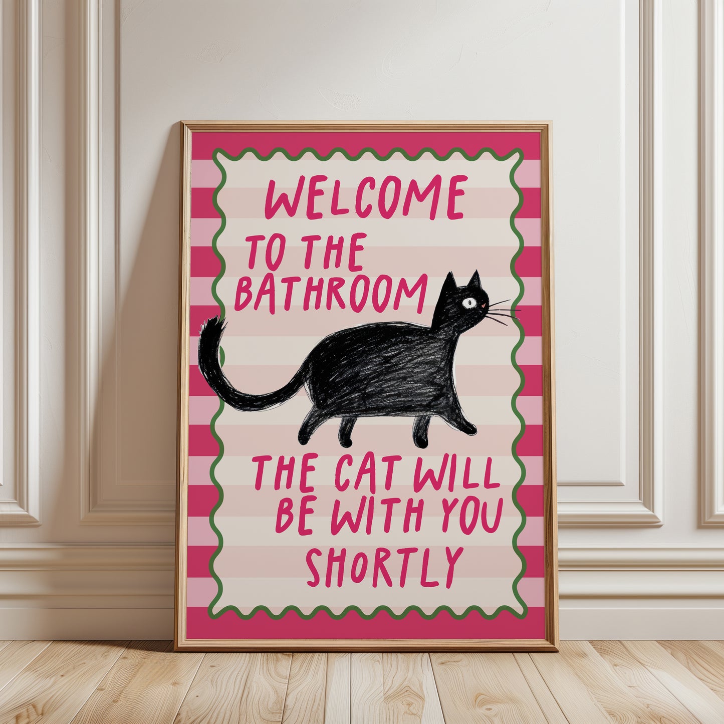 Gift for cat owner, funny bathroom cat wall art print featuring a black cat and the quote "Welcome to the Bathroom, the Cat Will Be With You Shortly".