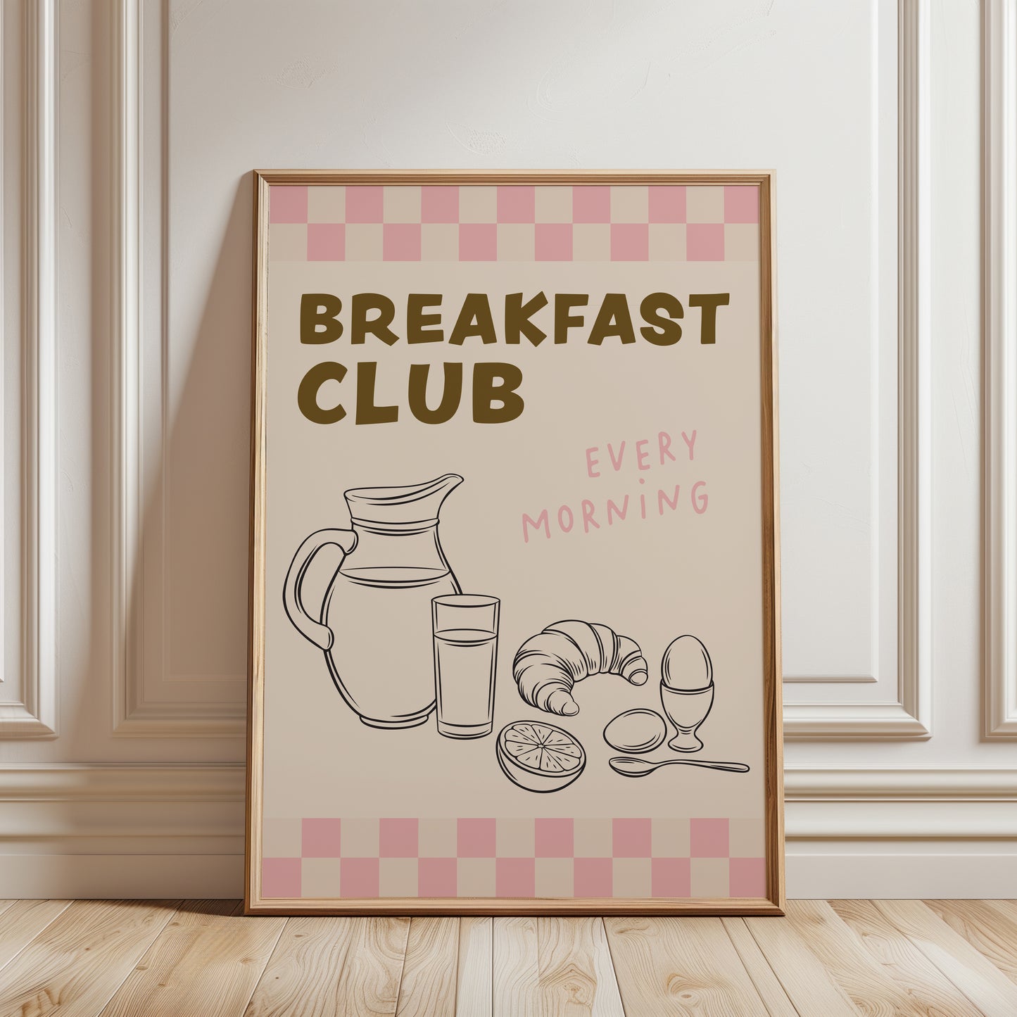 beige & pink kitchen print, breakfast club wall art with chequered border