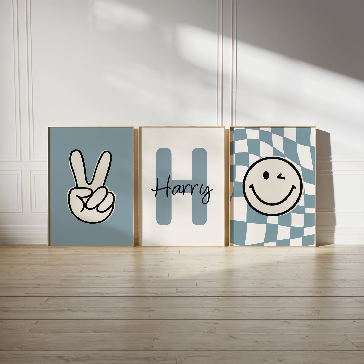 Chequered boys room prints, in duck egg blue colour, modern wall art for toddler boys room