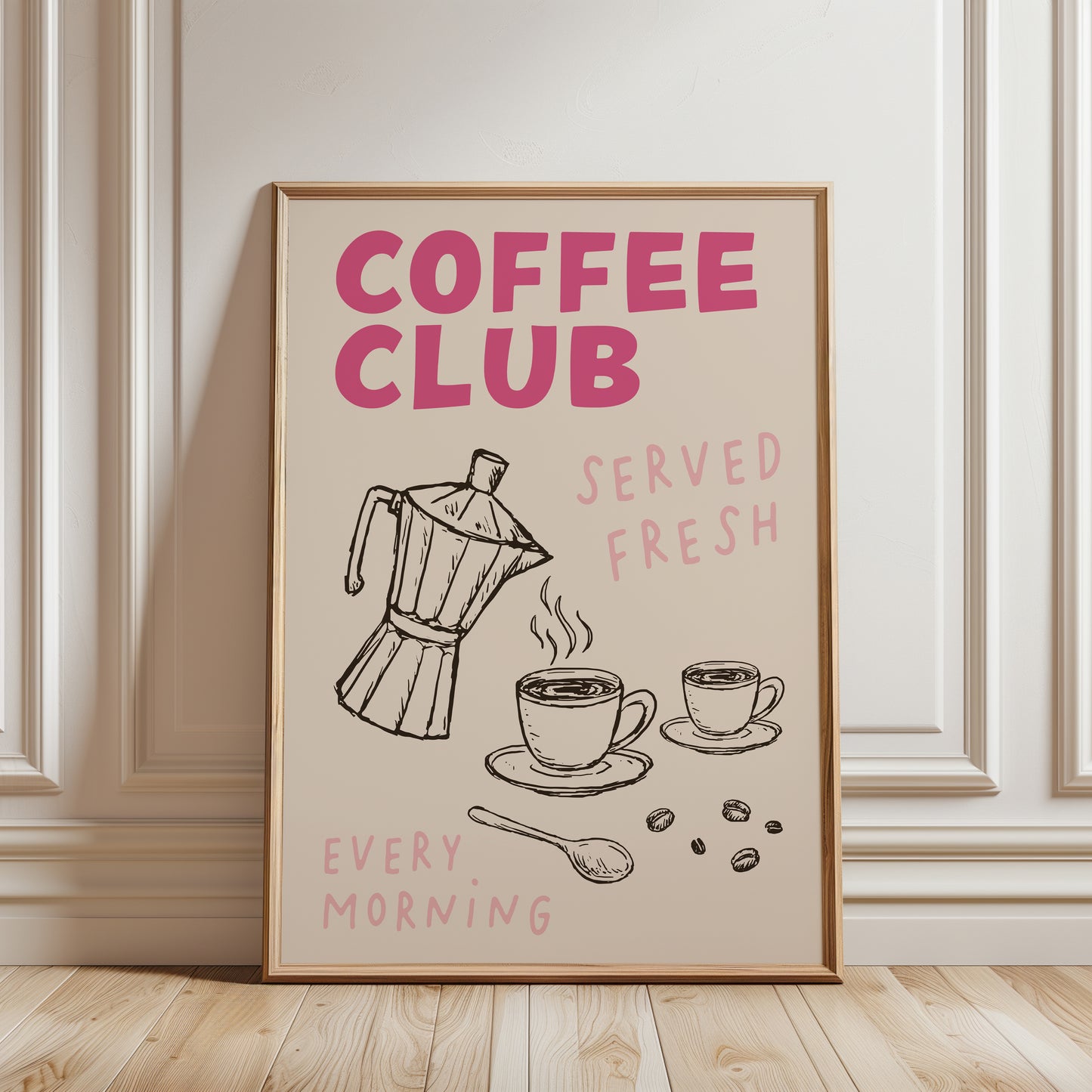 Coffee club kitchen print in pink