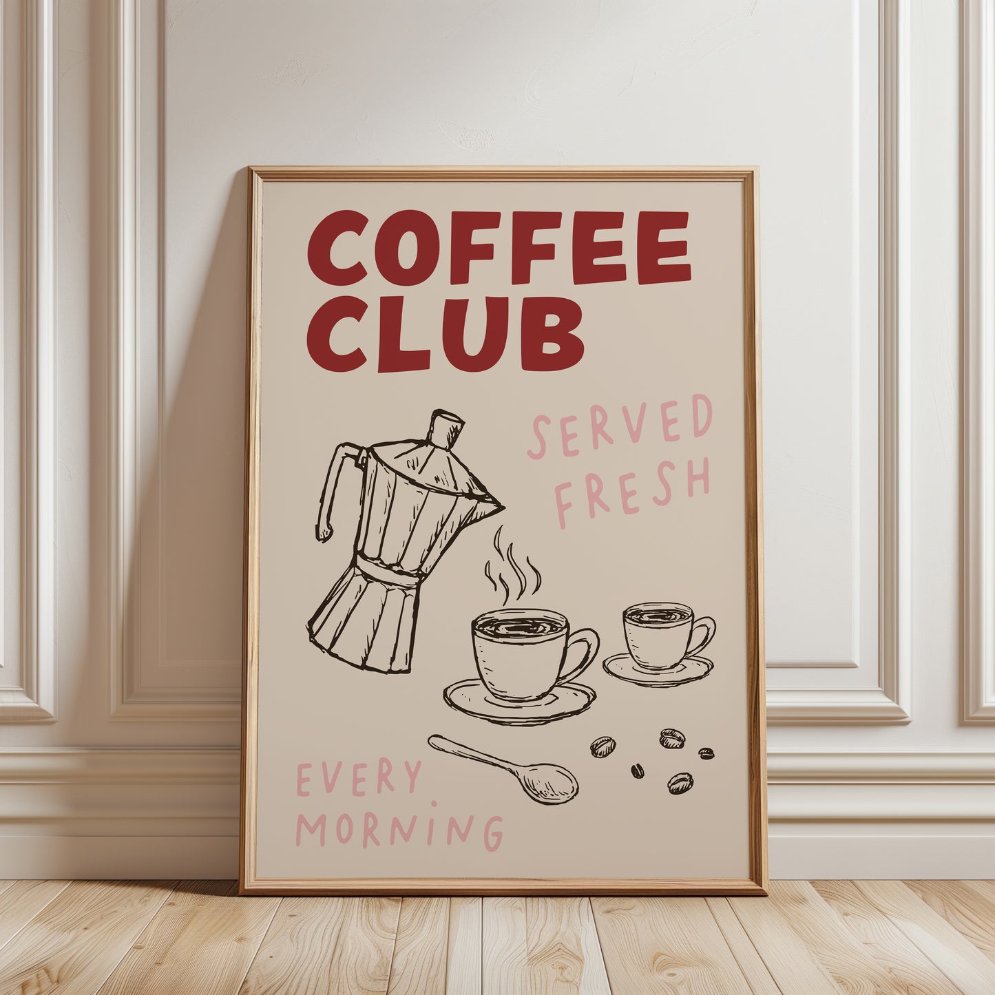 unframed coffee-themed art print. The print features the words 'COFFEE CLUB' in large red letters, with hand-drawn illustrations of a moka pot, cups, coffee beans, and a spoon on a cream background.