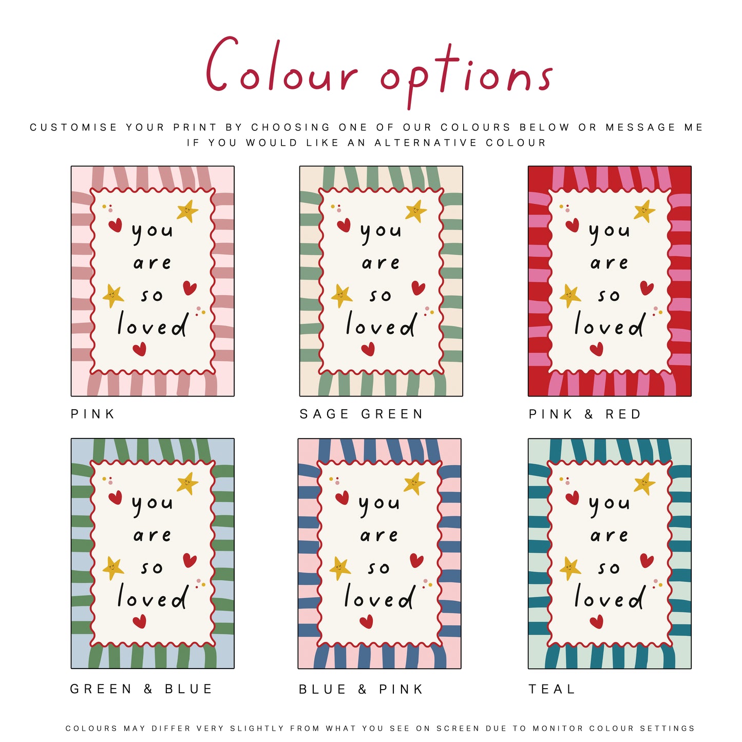 Colour options for nursery print "you are so loved"