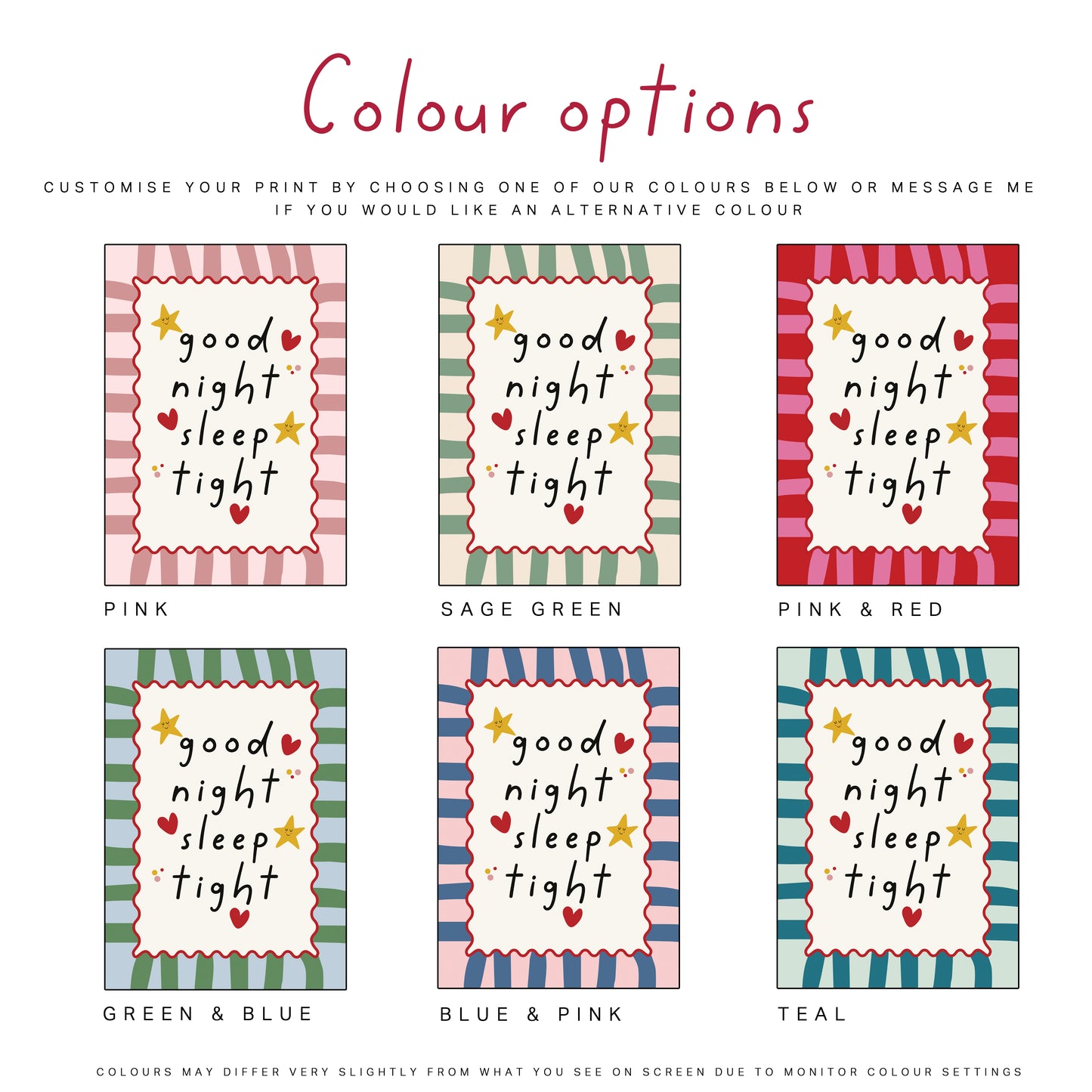 Colour options for fun nursery print, bedtime quote
