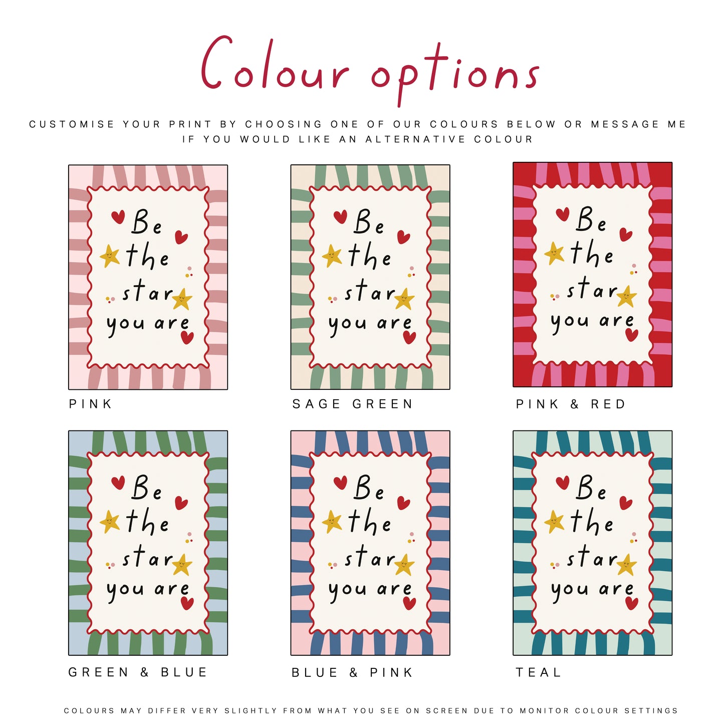Colour options for fun nursery print