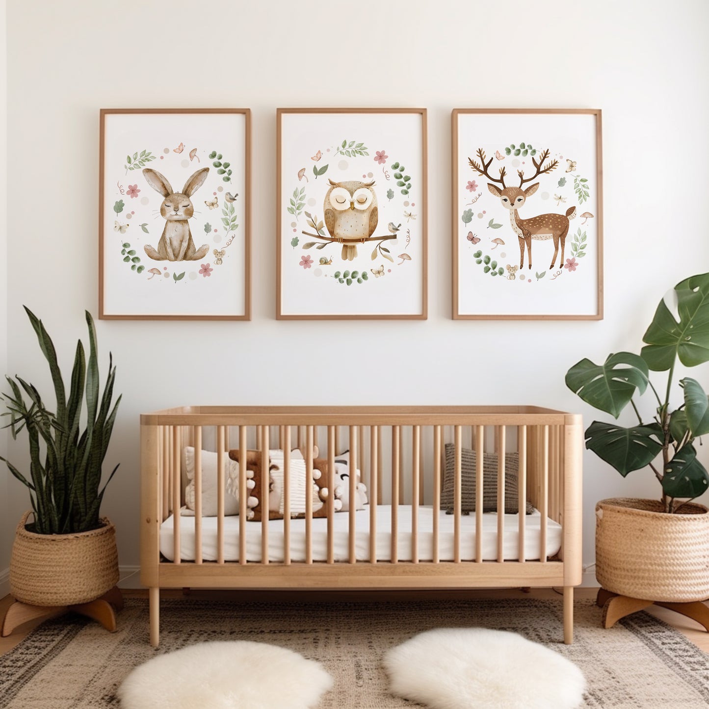Cute forest animal nursery prints, featuring bunny, owl and deer