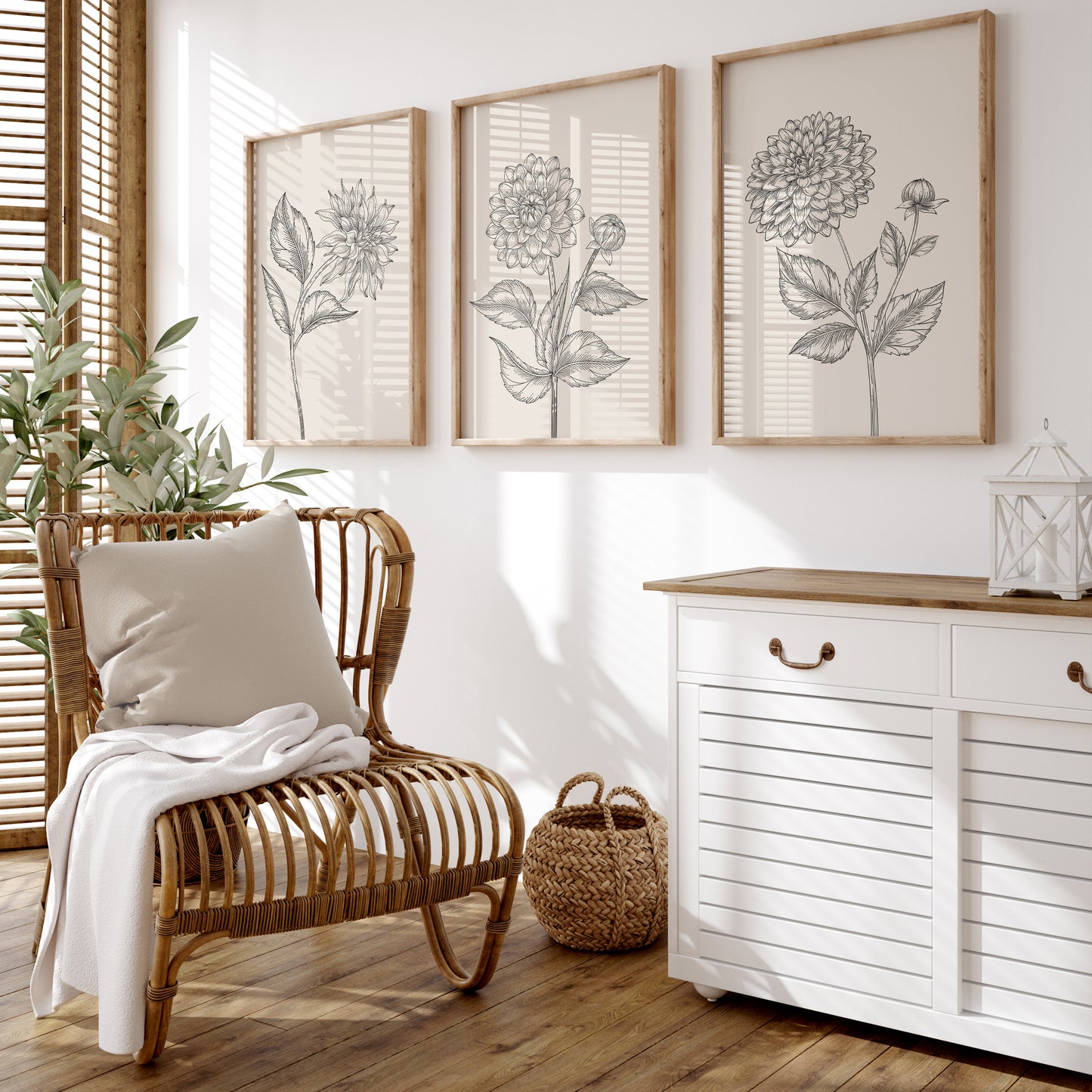 Dahlia plant prints, Plant line art on beige backgrounds