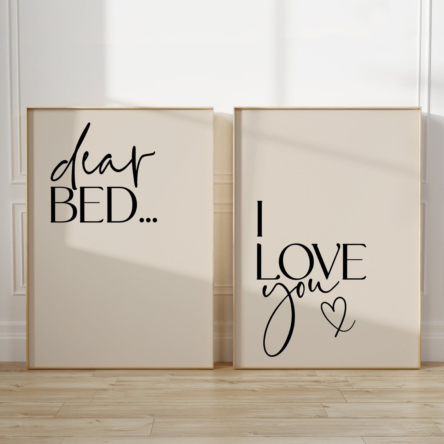 Bedroom prints in beige with quote DEAR BED I LOVE YOU