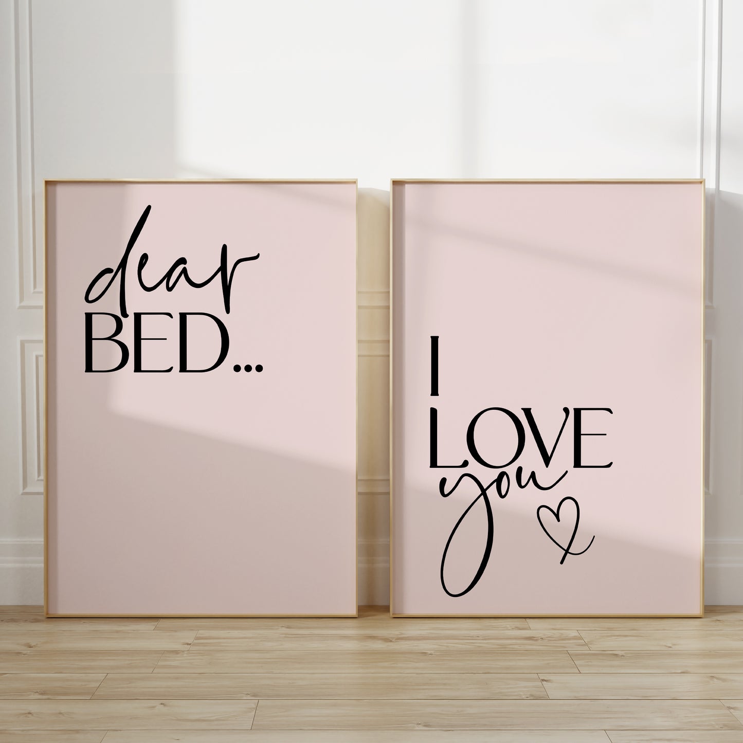 DEAR BED I LOVE YOU bedroom prints in pink, set of two