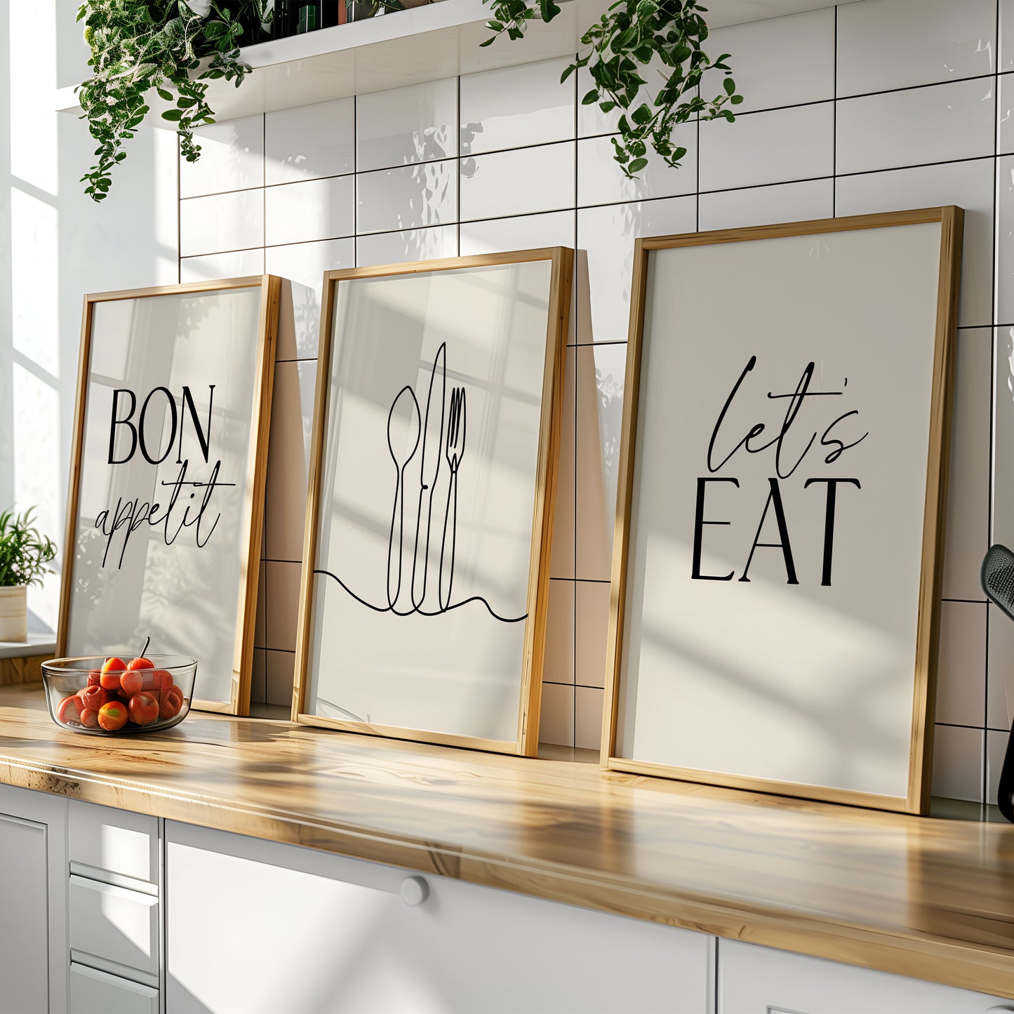 DIning room decor, set of 3 prints in beige