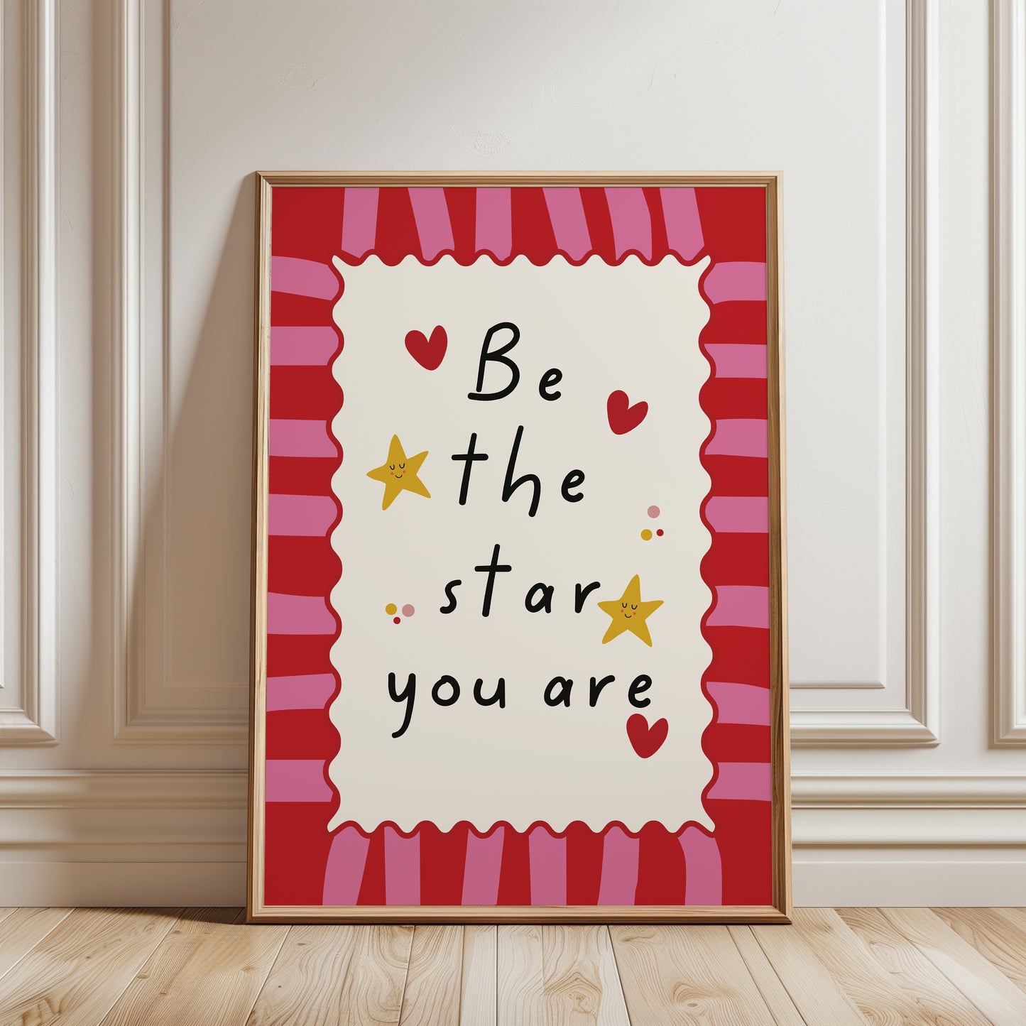 Nursery print, with inspirational quote "be the star you are", playful nursery decor in pink and red
