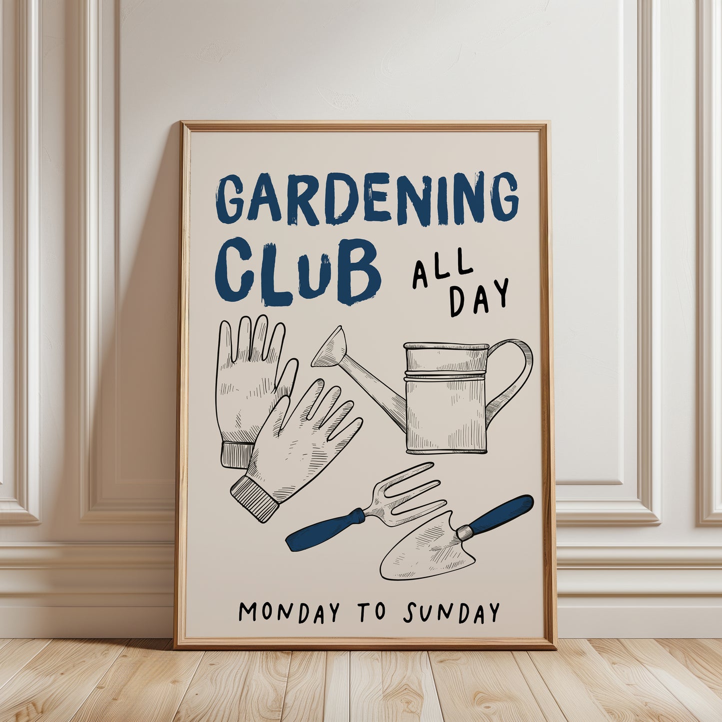 An u framed gardening-themed art print. The print features hand-drawn illustrations of gardening gloves, a watering can, a trowel, and a fork, with the text 'GARDENING CLUB ALL DAY' and 'MONDAY TO SUNDAY'. Gardening gift for him