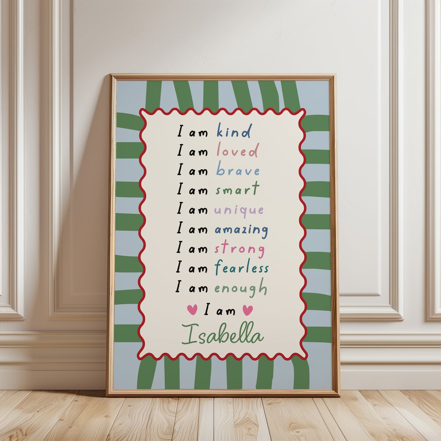 Girls Personalised Affirmation Wall Art Print, Green & Blue