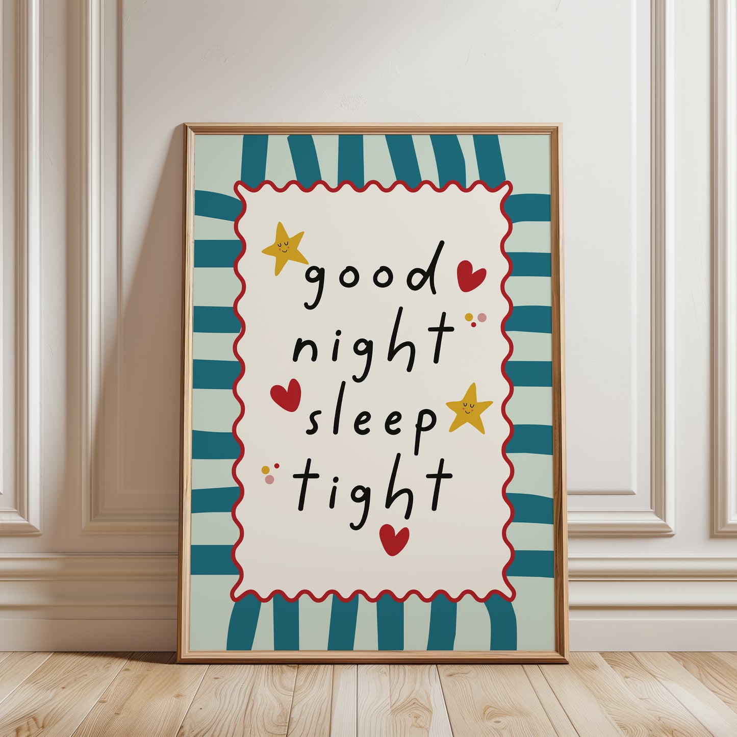 Nursery print with quote "good night sleep tight" with a striped background in teal and aqua