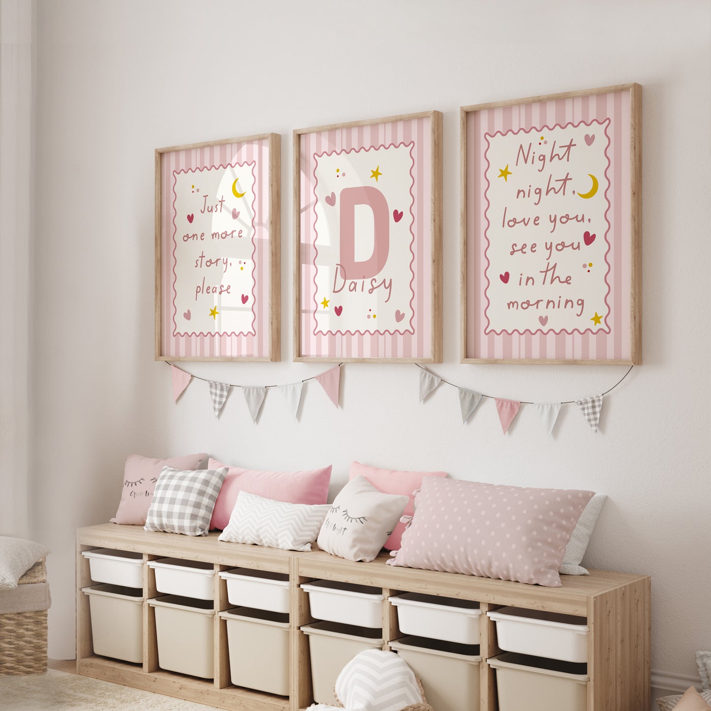 Set of 3 Girls Cute Wall Art Prints, Pink