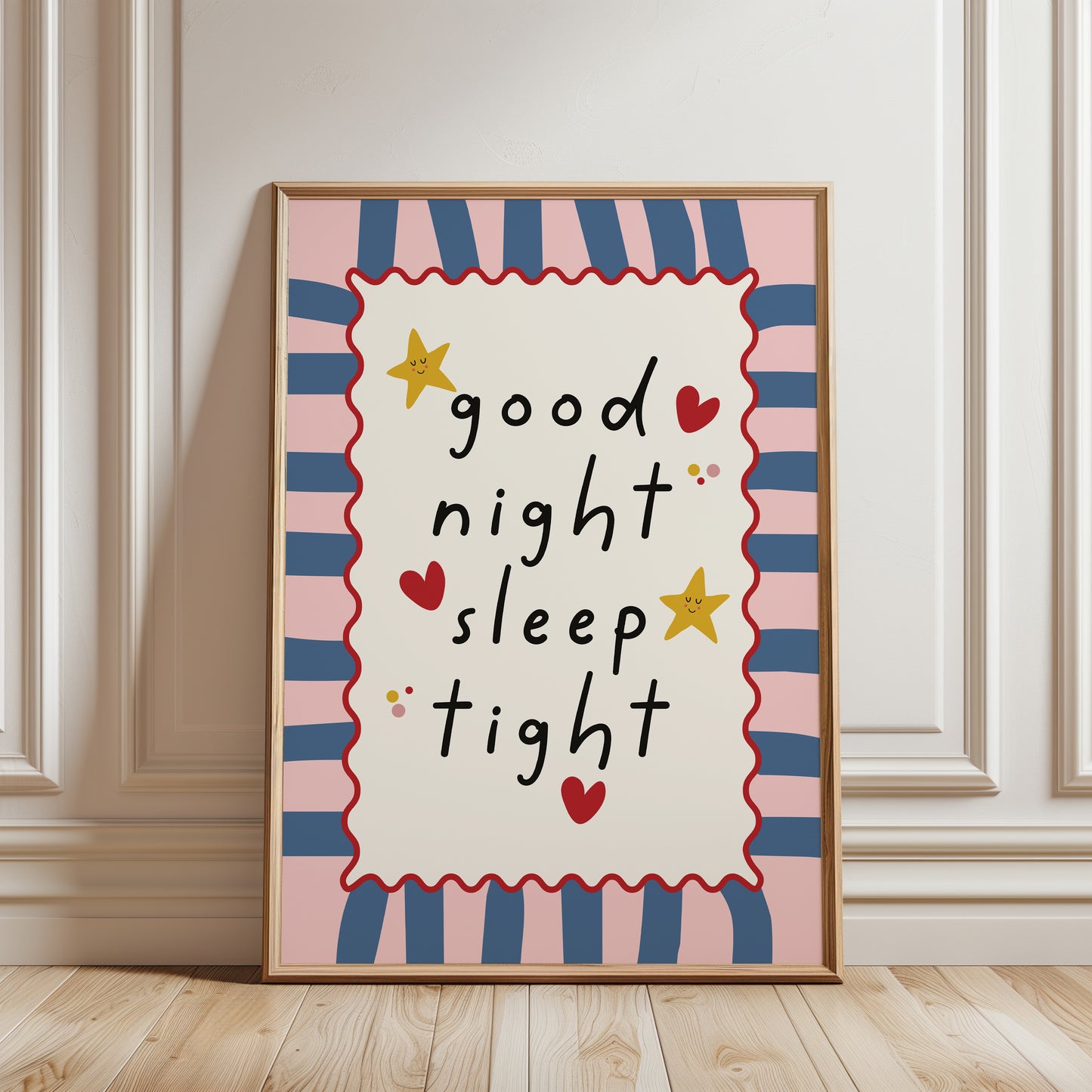 Nursery print with quote "good night sleep tight" with a striped background in blue and pink