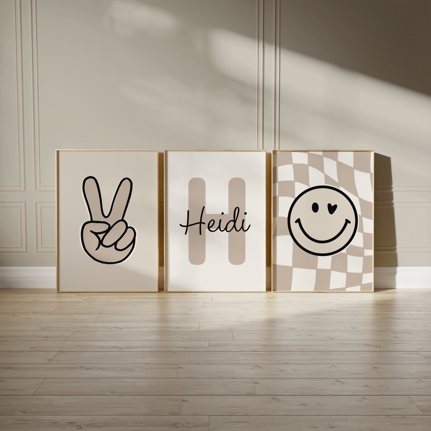 Set of 3 girls room prints in beige and brown, with victory hand sign, personalised letter prints and smiley face with love heart on a chequered background