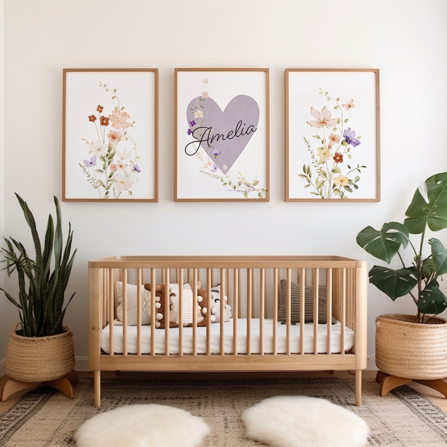 Girls personalised lilac wildflower prints for bedroom or nursery