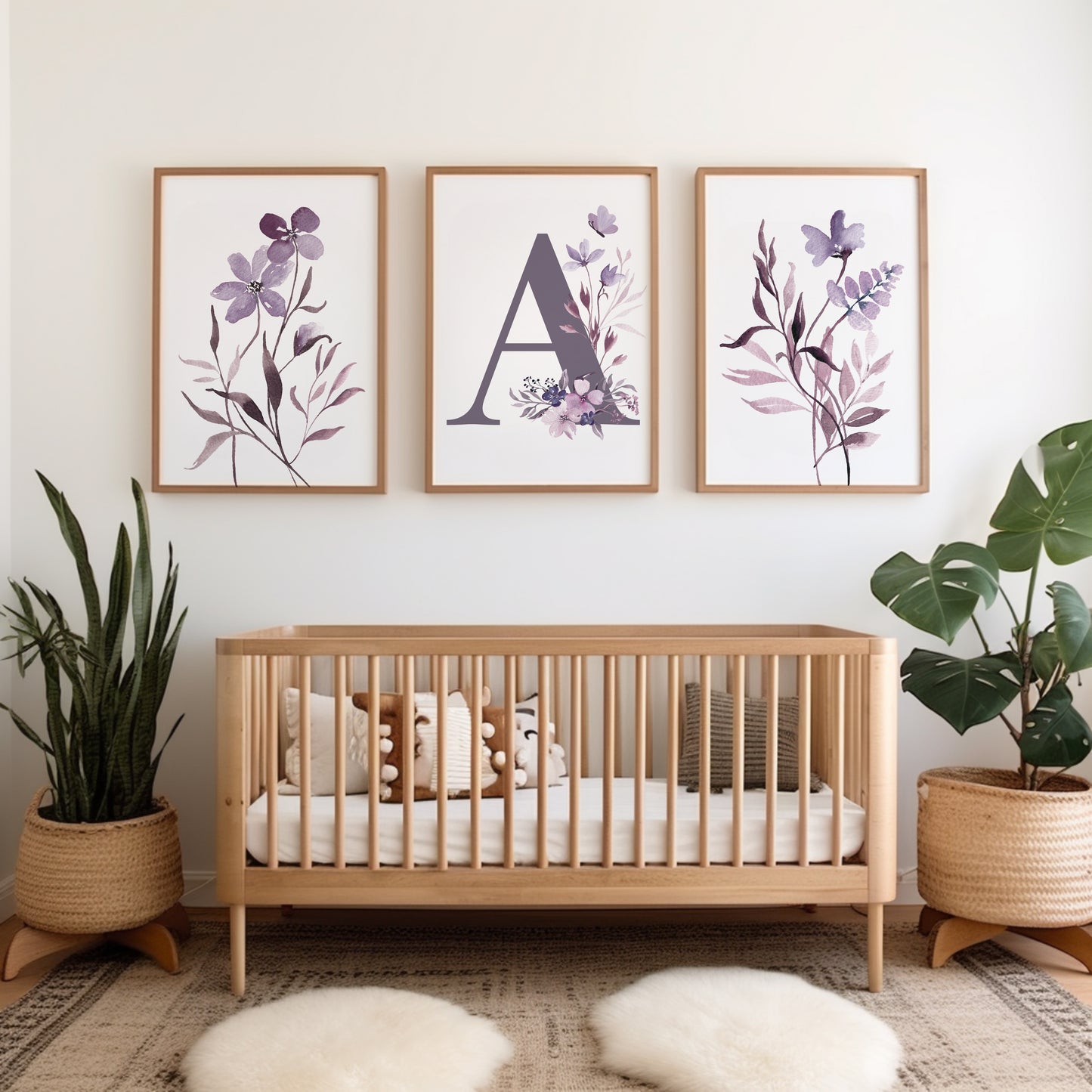 Girls personalised prints in lilac with botanical illustrations in watercolour