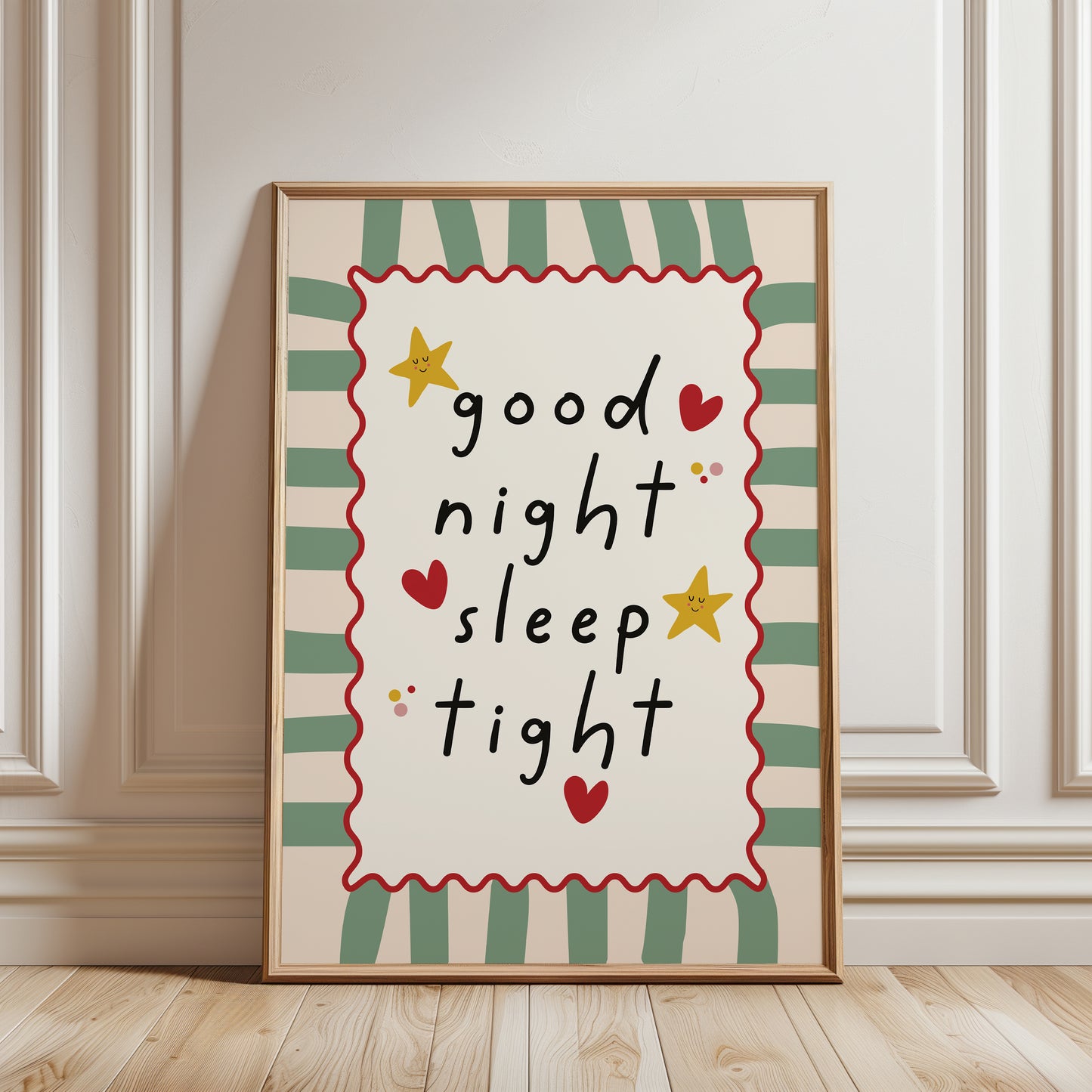 Nursery print with quote "good night sleep tight" with a striped background in sage green