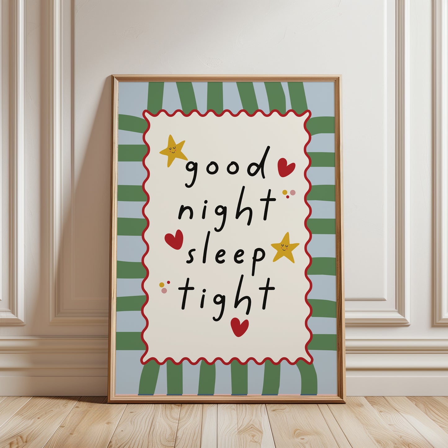 Nursery print with quote "good night sleep tight" with a striped background in green and blue