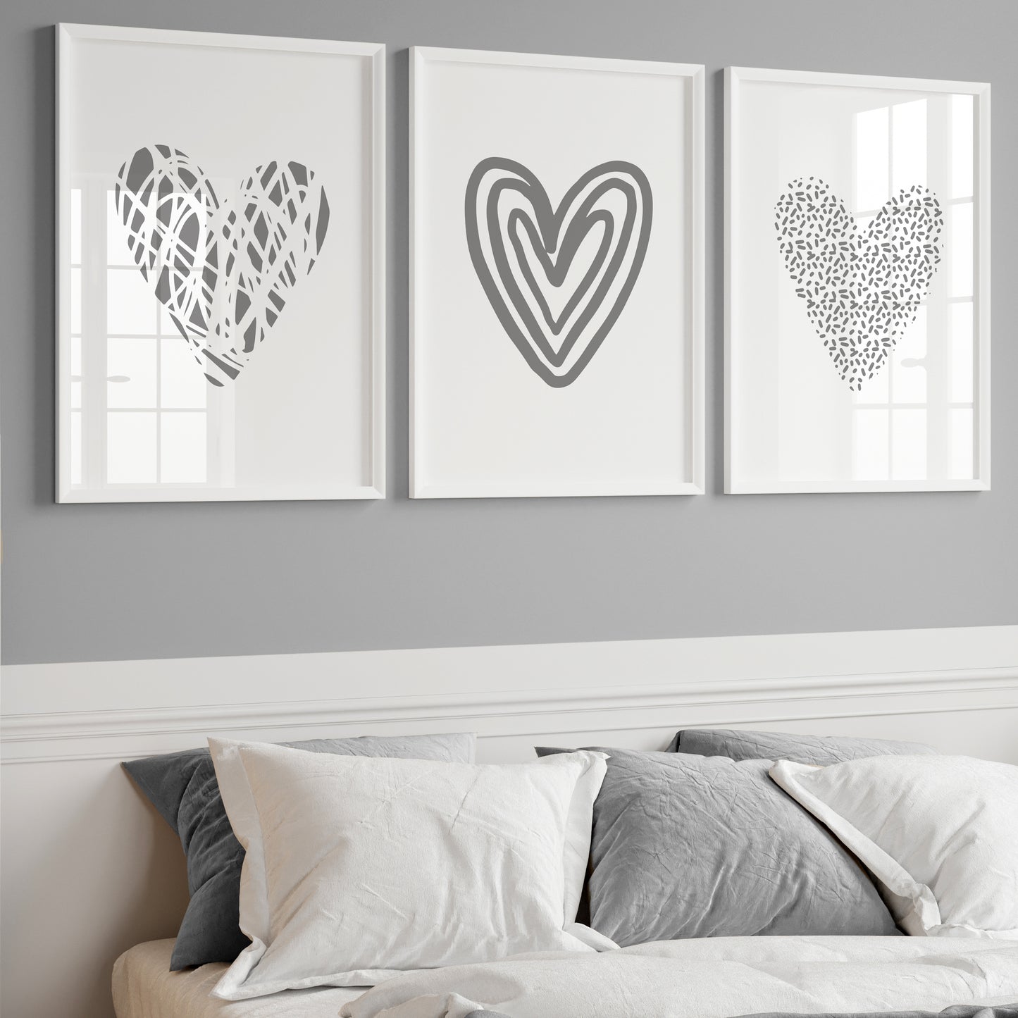 Set of 3 Grey Love Heart Bedroom Wall Art Prints