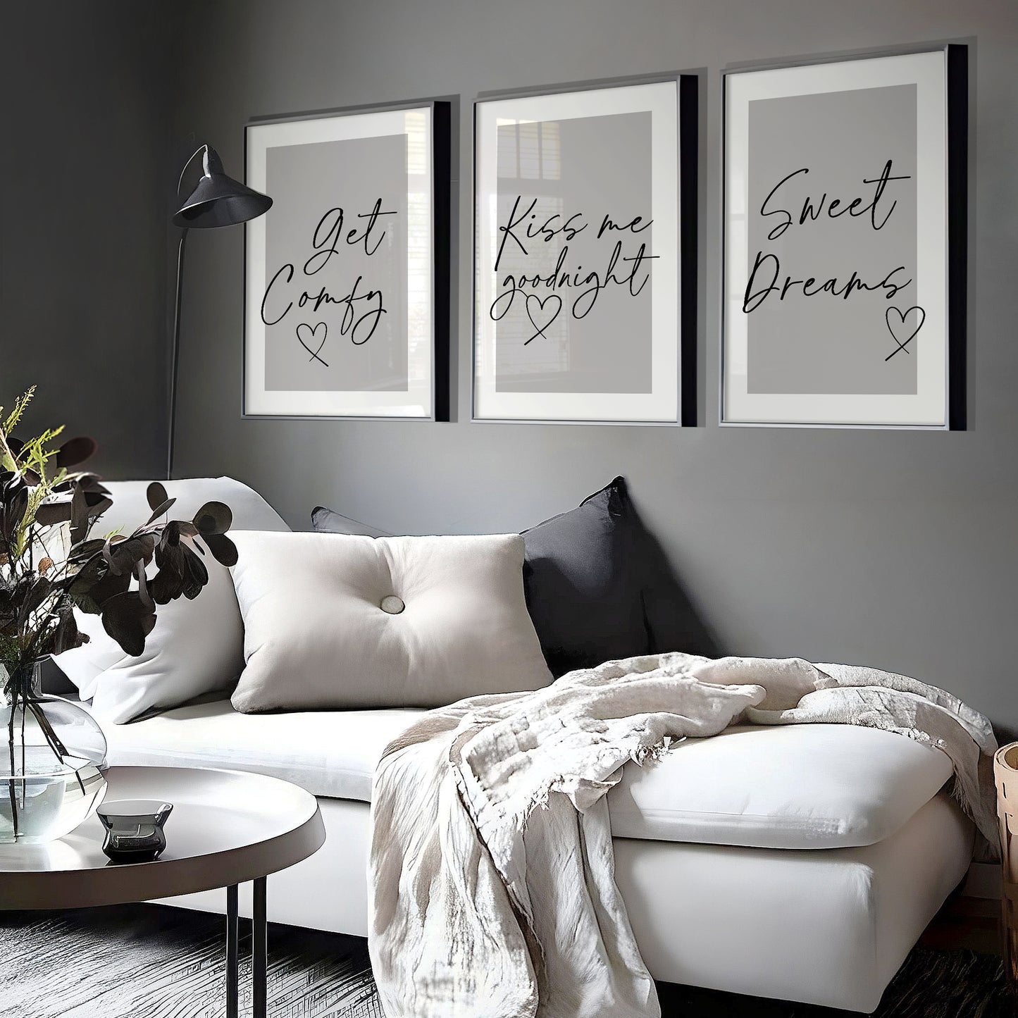 Set of 3 Bedroom Prints, Get Comfy, Sweet Dreams, Grey