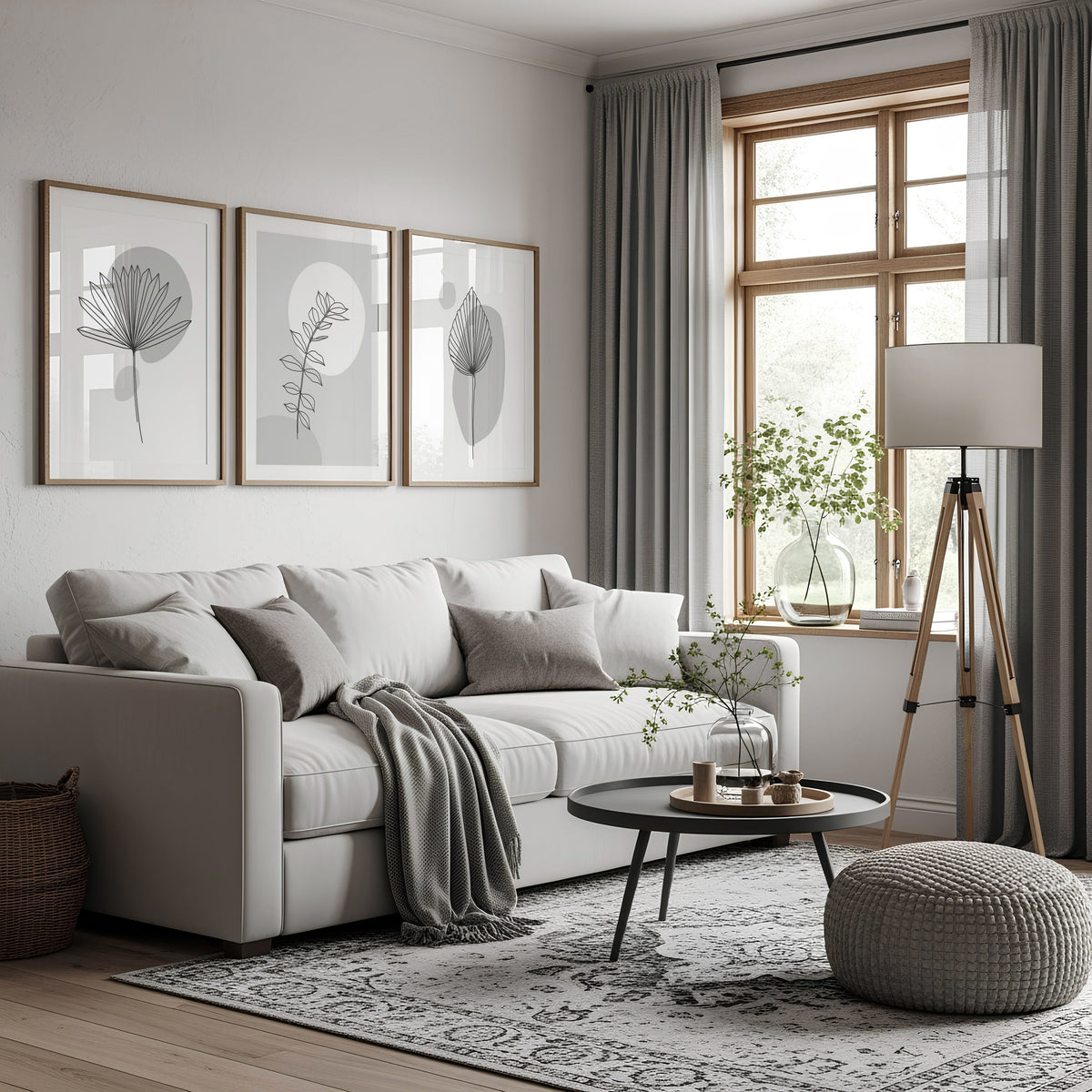 Grey living room prints with botanical line art and abstract shapes, set of three home wall art prints