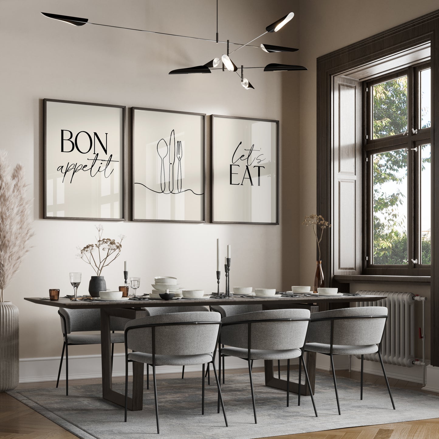 set of 3 neutral beige dining room prints, kitchen wall art