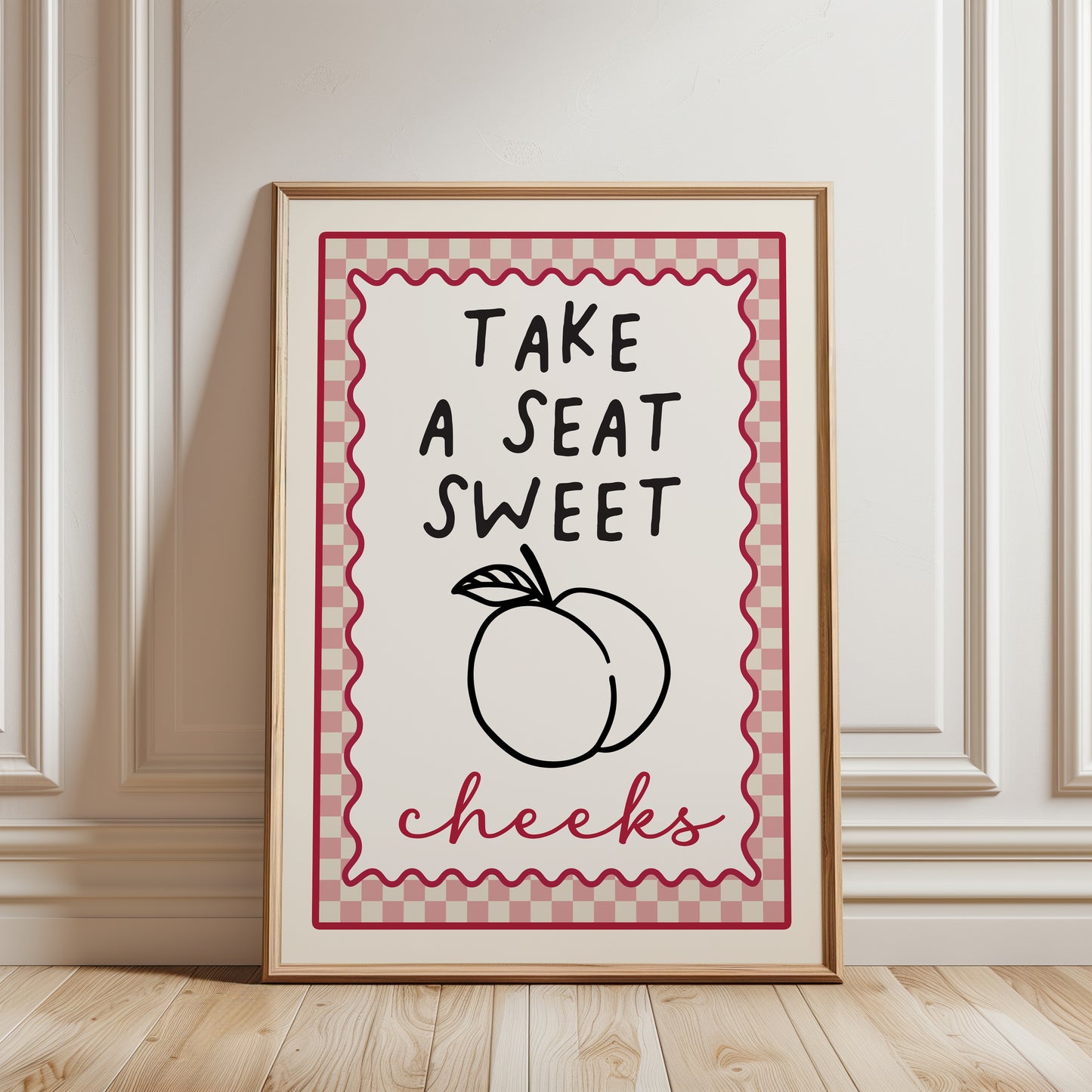 cute bathroom print with chequered border and funny quote "TAKE A SEAT SWEET CHEEKS" in pink