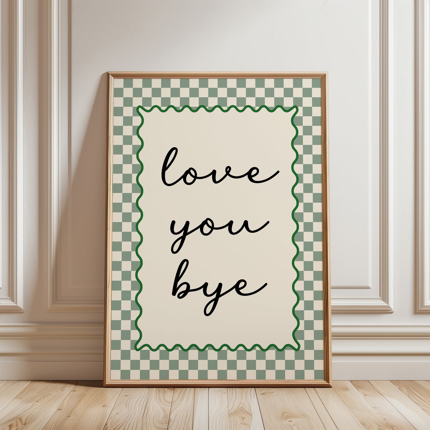 sage green hallway print with chequered border and quote; love you bye