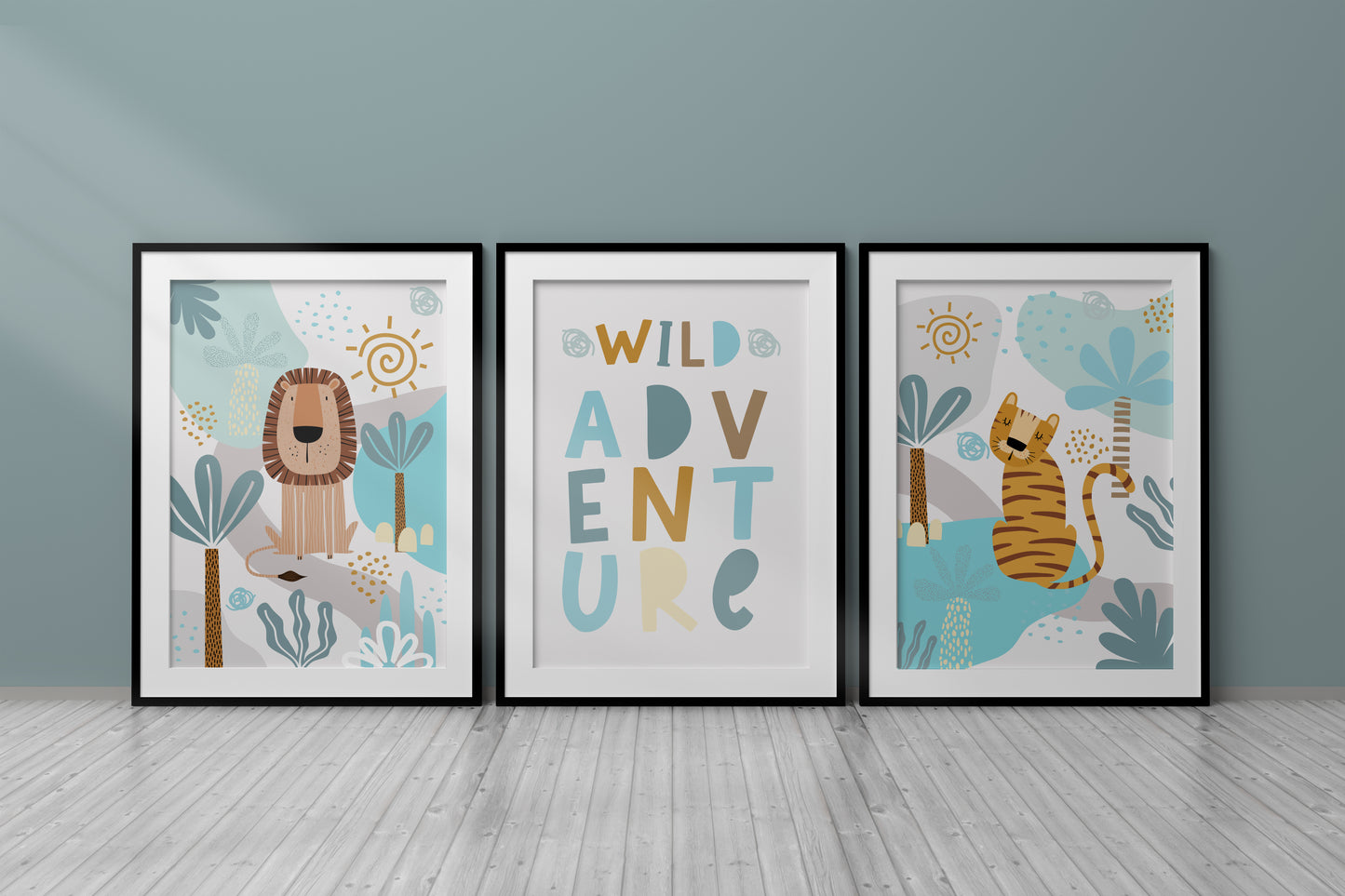 Set of 3 Teal Blue Safari Nursery Prints