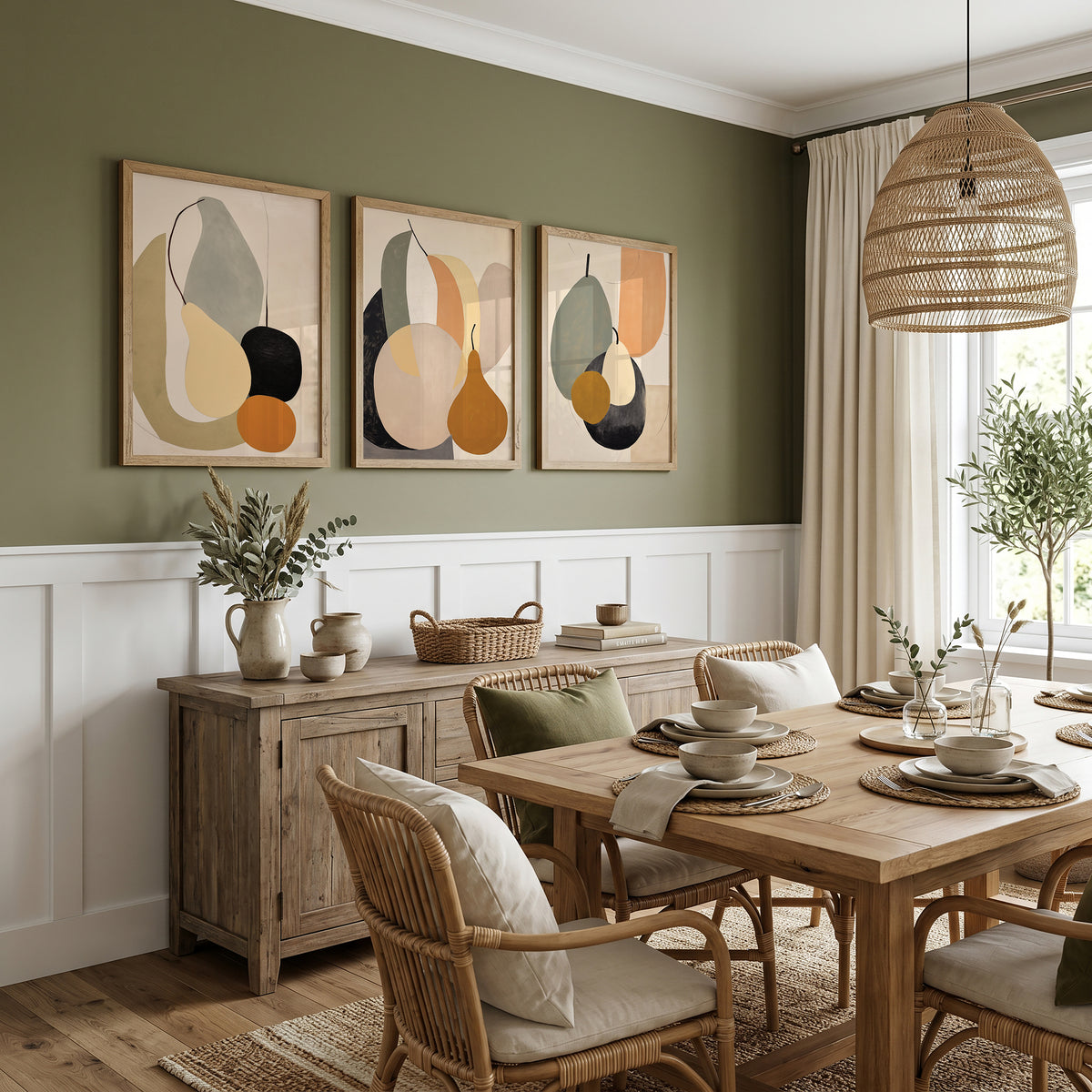 modern art for dining room, set of 3 prints with abstract fruit in shades of sage green, rust orange, beige and black