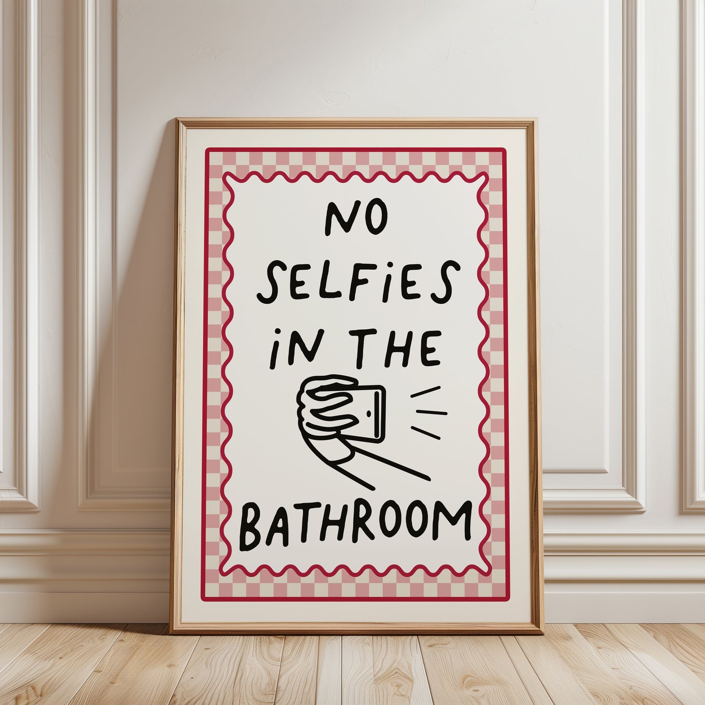funny bathroom prints with quote "no selfies in the bathroom" in pink