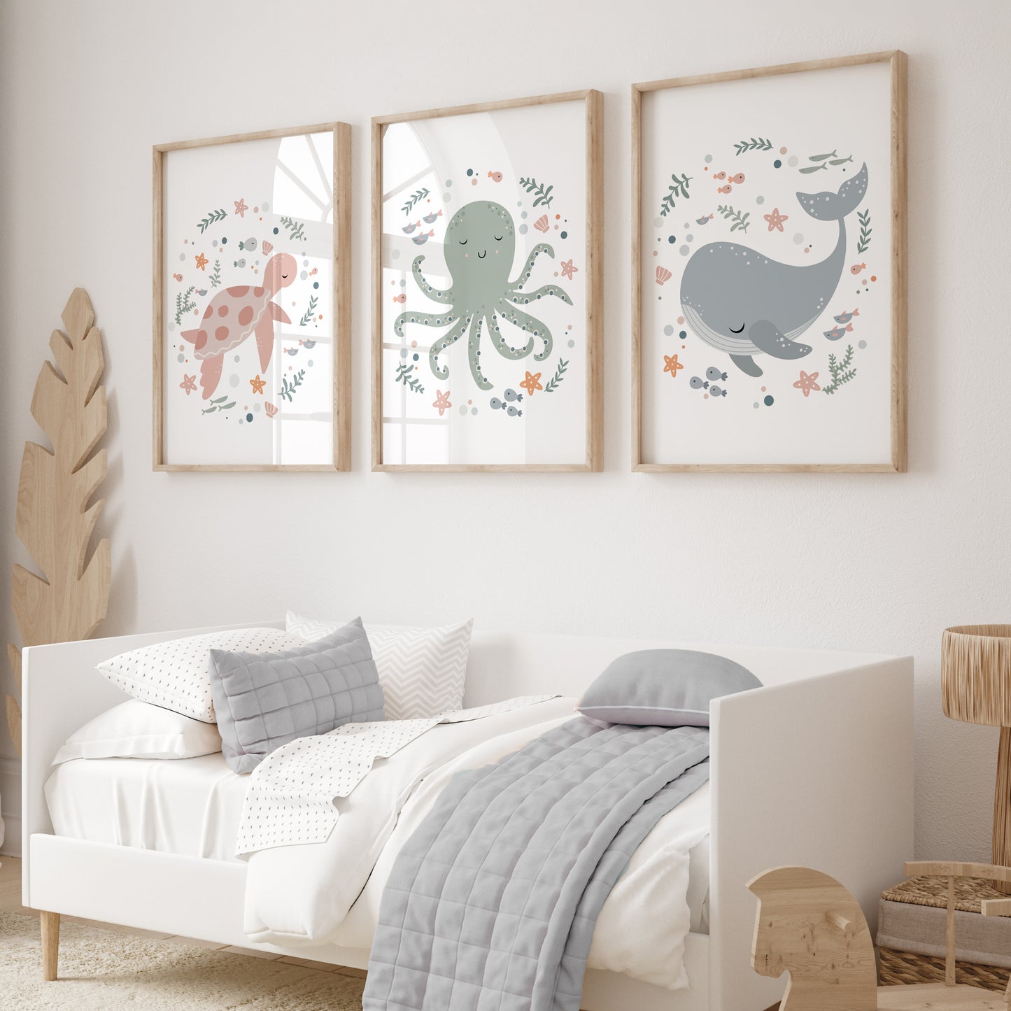 ocean themed nursery prints with turtle, octopus and whale