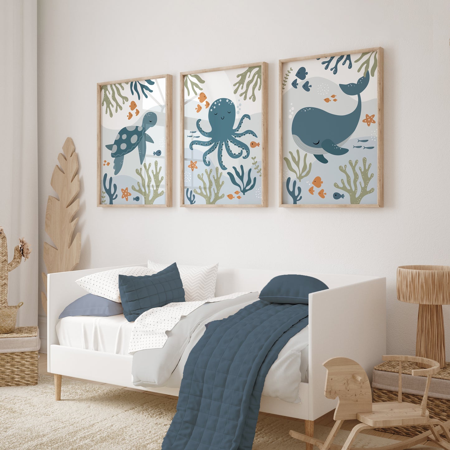 Set of 3 boys sea animal nursery prints in blue, green and orange