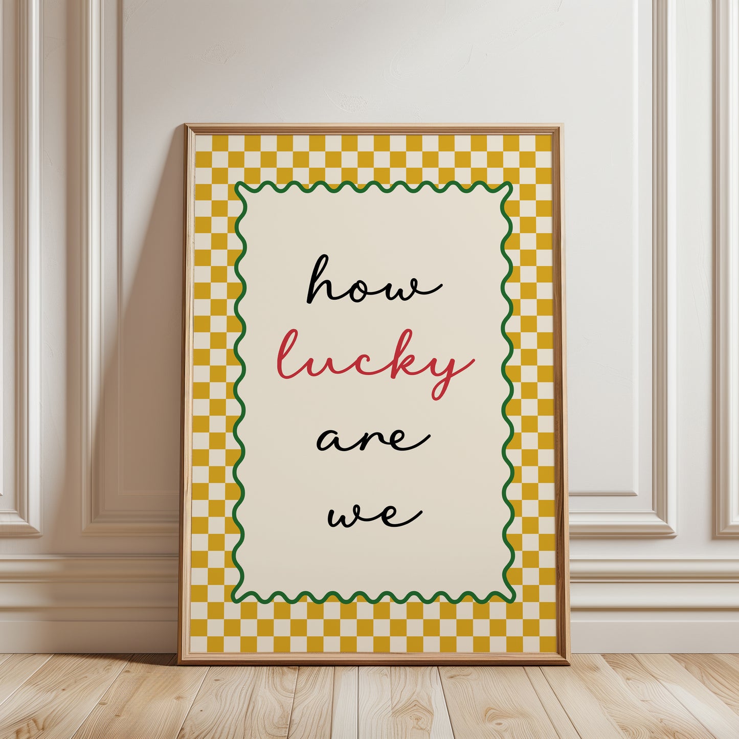 Couples wall art print with quote "HOW LUCKY ARE WE" ideal hallway decor in ochre yellow