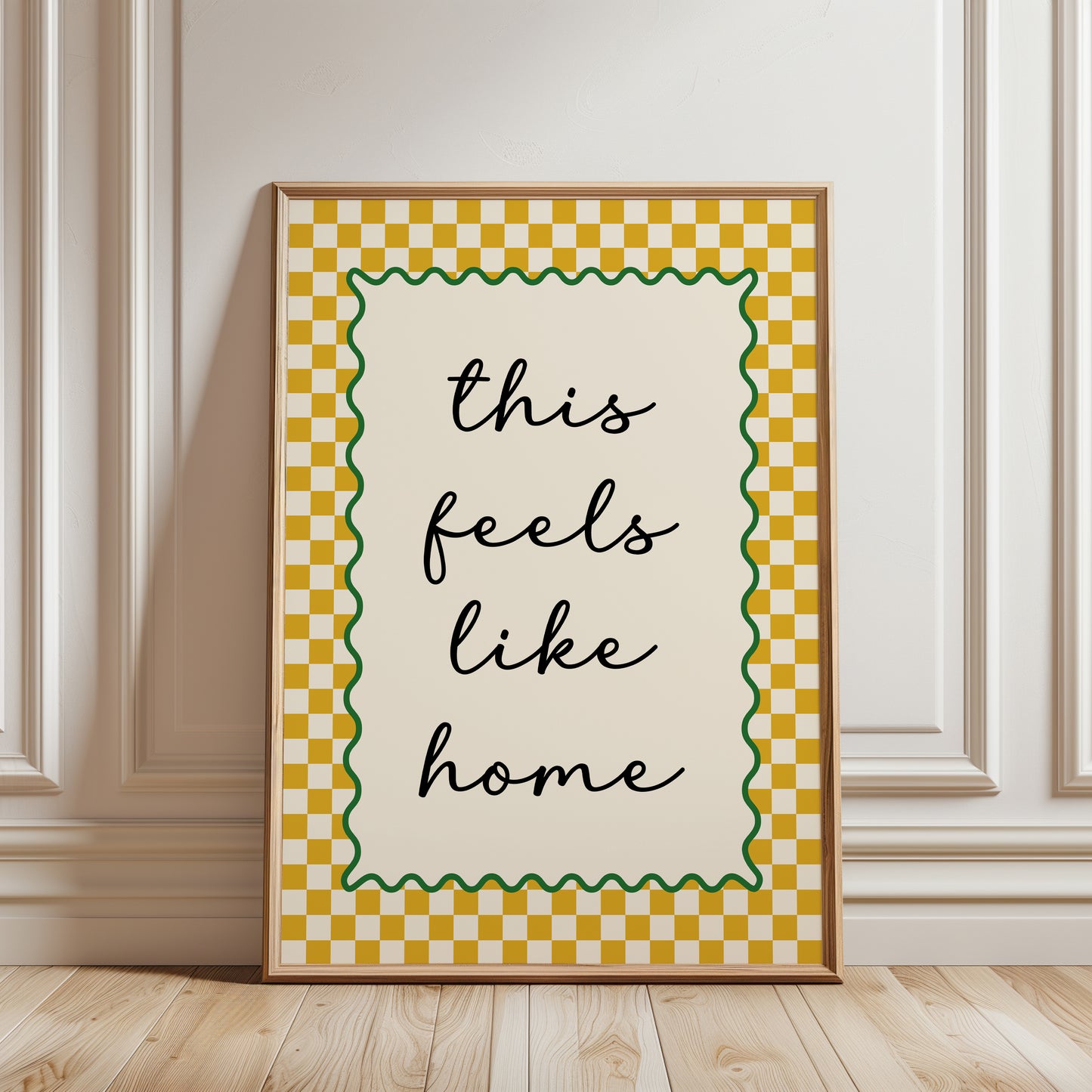 Modern hallway gallery wall art print with quote "this feels like home" in ochre with a chequered border